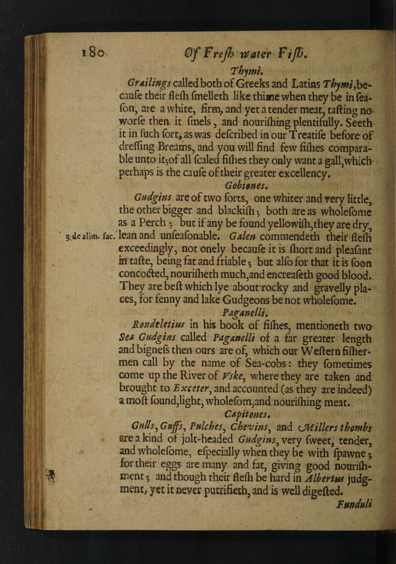 i8o ©f Frejh ri^ater Fijh^ Thjmi. Grdilings called both of Greeks and Latins Thymiyhe^ caufe their flefli fmelleth like thime when they be infea- fon, are a white, firm^ and yet a tender meat, taftingno^ worfe then it fmels, and nourifliing plentifully. Seeth it in fuch fort, as was defcribed in our Treatife before of dreffing Breams, and you will find few fiflies compara¬ ble unto it^of all foaled fiflies they only want a galljWhich perhaps is the caufe of their greater excellency. Gohienes. Gudgins are of two forts, one whiter and very little^ the other bigger and blackifli •, both are as wholefome as a Perch but if any be found yellowi(h,they are dry, ^dcalim. fac/lean and unfeafonable. (74/^;? commendeth their flefh pcecdingly, not onely becaufe it is fhort and pleafant in tafte, being fat and friable ^ but alfo for that it is foon concofted, nouriflieth much,and encreafeth good blood.. They are beft which lye about rocky and gravelly pla¬ ces, for fenny and lake Gudgeons be not wholefome. Paganelli. Rdrsdeletim in his book of fifties, mentioneth two Se^ Gudgins called Pagamlli of a far greater length and bignefs then ours are of, which our Weftern fiflier- men call by the name of Sea-cobs: they fometimes come up the River of Fske^ where they are taken and brought to Exceter^ and accounted (as they are indeed) a moft foundjlight, wholefomjand nouriftiing meat.. Capitones. Gulls^Guffs^ Pulches^ Chevins^ and UMilkrsthomh are a kind of jolt-headed Gudgins^ very fweet, tender, and wholefome, efpecially when they be with fpawne 5 for their eggs are many and fat, giving good nourifli- ment 5 and though their flefti be hard in Albertus judg¬ ment, yet it never putrifietb, and is well digefted. Imduli