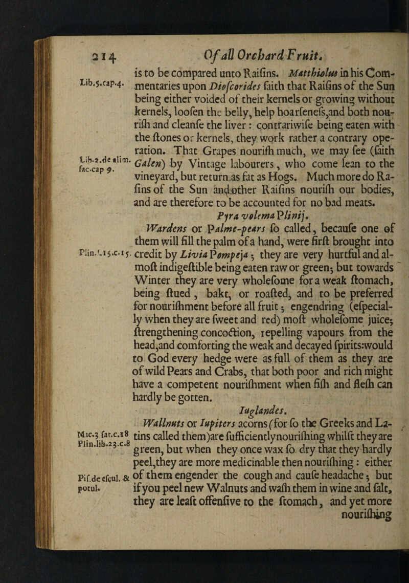 is to be compared unco Raifins. Mmbu&gt;lm in his Com- Lib.$.cap.4. mentaries upon Dhfcorides fiith that Raifins of the Sun being either voided of their kernels or growing without kernels, loofen the belly, help hoarfeners,and both nou- rifli and cleanfe the liver: contrarivvife being eaten with the ftones or kernels, they work rather a contrary ope¬ ration. That Grapes nouriflimuch, we may fee (faith Vintage labourers, who come lean to the vineyard, but return .as fat as Hogs. Much more do Ra- fins of the Sun an(^-other Raifins nourilh our bodies, and are therefore to be accounted for no bad meats. FfrayolemaPlinij^ Wardens or ^dme-pars fo called, becaufe one of them will fill the palm of a hand, were firft brought into Plin.M5‘C.i5. credit by 5 they are very hurtfulandal- moftindigeftible being eaten raw or green-, but towards Winter they are very wholefome fora weak ftomach, being ftucd , bakt, or roafted, and to be preferred for nouriflimcnt before all fruit cngcndring (cfpecial- ly when they are fweet and rcd)moft wholefome juice^ ftrengthening concoftion, repelling vapours from the head,and comforting the weak and decayed fpiritsrwould to God every hedge were as full of them as they are of wild Pears and Crabs, that both poor and rich might have a competent nourifliment when fi(h and fleih can hardly be gotten. lugUndes. Wallnuts or luf iters acorns (for fo the Greeks and La- . Mic,? far.c.is called them)arc fufficientlynouriihing whilft they are ^ green, but when they once wax fo. dry that they hardly peel,they are more medicinable then nourifhing: either Pir.decfcul. &amp; of them engender the cough and caufe headache 5 but potui. if you peel new Walnuts and wafli them in wine and (alt, they are leafc ofFenfive to the ftomach, and yet more nourifluns