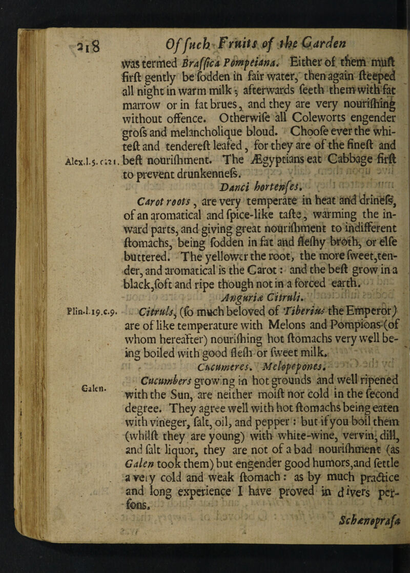 was termed Braffica Pempeiana. Either of them muft firft gently befodden in fair water, then again fteeped all night in warm milk •, afterwards feeth themwith fat marrow or in fat brues, and they are very nourifhing without offence. Otherwife all Coleworts engender grofs and melancholique bloud. Choofe ever the whi- teft and tendereft leafed, for they are of the fineft and Alex.i. 5. c.? 1. be ft nourifhment. The ^Egyptians eat Cabbage firft to prevent drunkennefs. | Danci hortenfes. Caret reots, are very temperate in heat and drinefs, of an aromatical and fpice-like tafte, warming the in¬ ward parts, and giving great nourifhment to indifferent ftomachs, being fodden in fat and flefhy broth, or elfe buttered. The yellower the root, the more fweet,ten¬ der, and aromatical is the C arot: and the beft grow in a , black,foft and ripe though not in a forced earth. Angurix Citrnli. Fiin-l.19.e-9. citrtds, (fb much beloved of Tiberius the Emperor} are of like temperature with Melons and Pompions-(of whom hereafter) nourifhing hot ftomachs very well be¬ ing boiled with good flefh or fweet milk. Chcumeres. Melepepones. Cucumbers growing in hot grounds and well ripened acn‘ with the Sun, are neither moift nor cold inthefecond degree. They agree well with hot ftomachs being eaten with virteger, fait, oil, and pepper: but ifyou boil them (whilft they are young) with white-wine, vervin, dill, and fait liquor, they are not of a bad nourifhment (as Galen took them) but engender good humors,and fettle a very cold and weak ftomach: as by much pra&ice and long experience I have proved ki divers pet- fens, Schtnepraf*