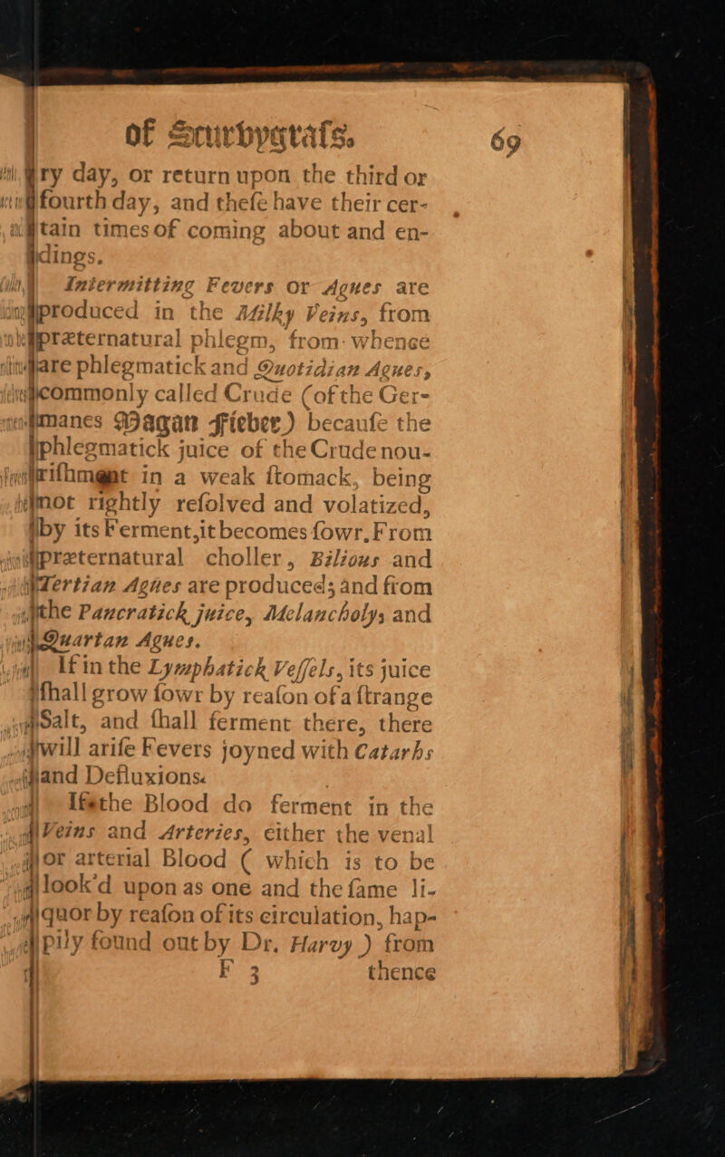 ii, @ry day, or return upon the third or w@w@ fourth day, and thefe have their cer- (Wtain times of coming about and en- Lines | | Iniermitting Fevers or Agues are fjprodu ced in the Milky Veins, from | qpreternatural phlegm, from: whence tite fare phieg: natick a and M1 Notidian Agues, wpcommonly called Crude (of the Ger- ‘gimanes Magan Fiebe ry) ) becaufe the Wphlegmatick juice of the Crude nou- ieeifhmept in a weak itomack, being mmot rightly refolved and volatized, iby fiche nt sit becomes fowr, From (ipreternatural choller, Bélious and Wertian Agnes are produced; and from ithe Pancratick juice, Melancholy; and iP Quartan Agues. im) Lf in the Lyvaphatiehiv effels., its juice Mhall grow fowr by reafon o fa ftra @Salt, and fhall ferment there, hee will arife Kevers joyned with Catarhs ‘Nand Defluxions. |) Ifathe Blood do ferment in the (Veins and Arteries, eet the ven jor arterial Blood ( which is to be ‘@ilook’d upon as one and the fame li- qi quor by reafon ofits circulation, hap- Ply found out by Dr, Harvy ) “from | eee thence