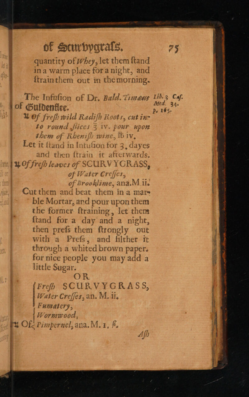 quantity of Whe), let them ftand ina warm place fora night, and ftrainthem out in themorning. 1Of Guldenfiec. | 2OFf frefh wild Radifh Roots, cut in- | to round flices 3 iv. pour upon them of Rheni fl mine. ib iv, Let it ltand in Intution for 2, dayes and the ) {train it afterwal rds. hag ee des of SCURV YCRASS, | of Water Crefje of B Ronbenen: red M ii. Cut them and beat them ina mars ble Mortar, and pour upon them the former ftraining, let them {tand for a day and a night, then prefs them rong y out vith a Prefs, and filther tt through a whited brown paper. for nice people you may add a little Sugar. OR Frep SCURVYGRASS, Vy ‘ater Cr effes, at an. M, i. Fumatery, li ormwood, ke Pivepernel, ana. M.1. &amp;.