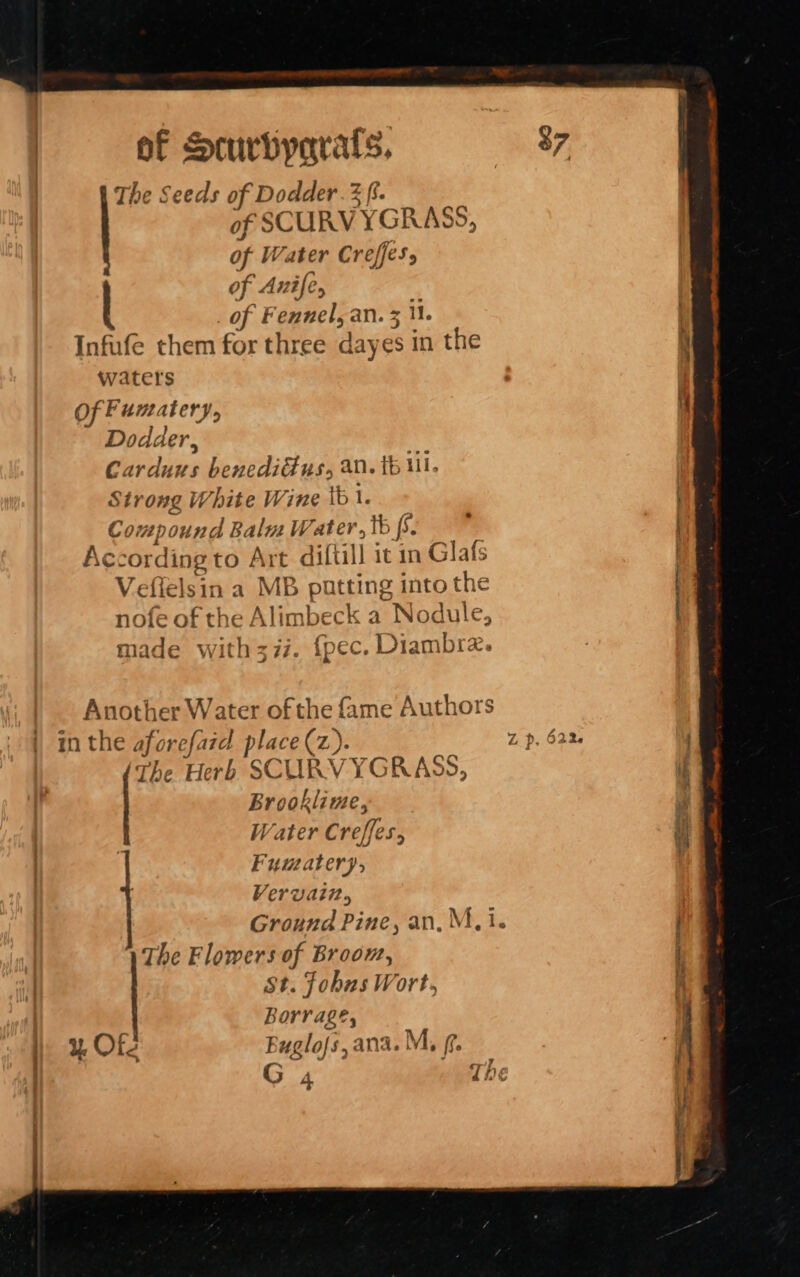 The Seeds of Dodder. 3s. of SCURVY YGRASS, of Water Creffes, of Anife, _of Fennel, an. 3 1. Infufe them for three dayes in the waters Of Fumatery, Dodder, Carduus benediétus, an. tb il. Strong White Wine tb. Compound Balu Water, tb fs. According to Art diftill 1t in Glafs Vefielsin a MB patting into the nofe of the Alimbeck a Nodule, made with3ii. f{pec. Diambre. Another Water of the fame Authors in the aforefaid place (z). The Herh SCURVYGBRASS, Brooklime, Water Creffes, Fumatery, Vervain, Ground Pine, an, M, 1. The Flowers of Broom, St. Fohus Wort, Borrage, ) % Ofe Buglofs,ana. M, 7. G4 Nw oS ON S) ” d iA € ea: