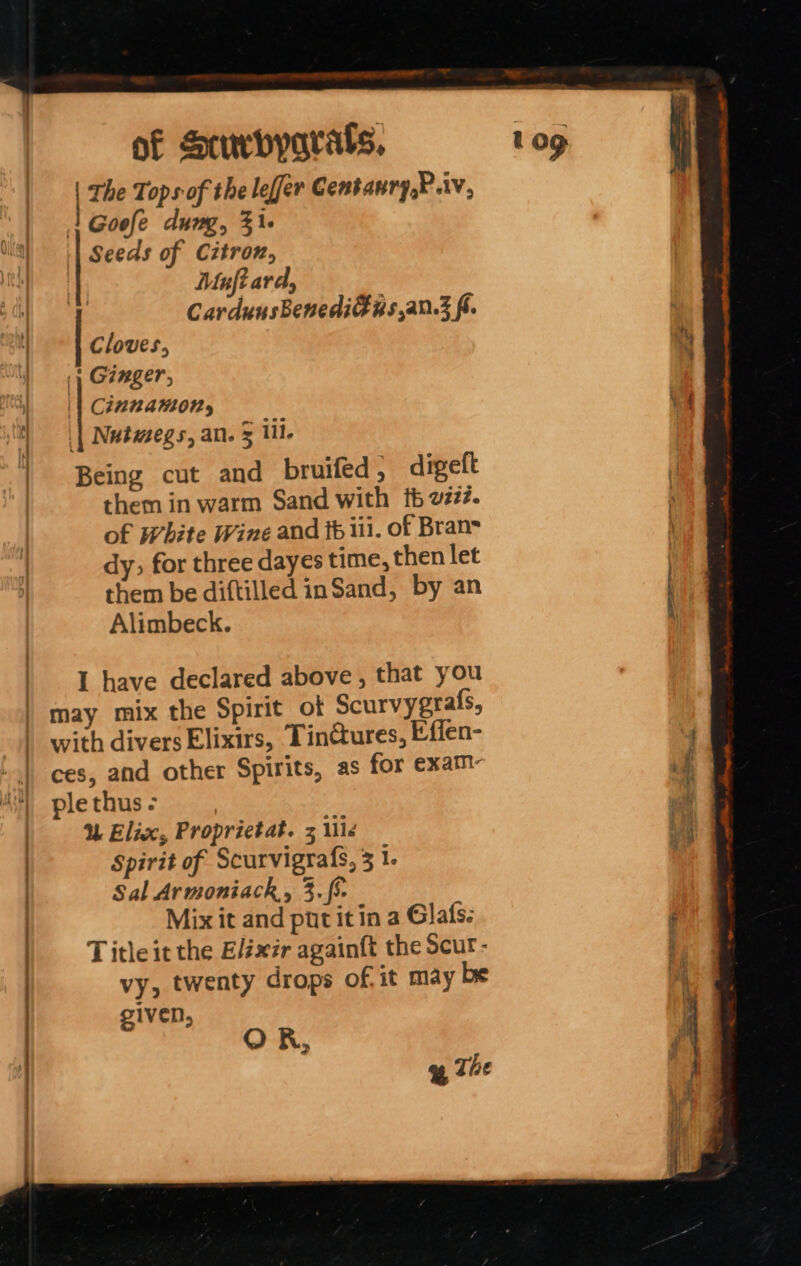 | The Tops of the leffer Centanry,P..v, 1 Goole dung, 3. | id) || Seeds of Citron, uy Muftard, CardunsBenedi®ns,an.3 f Cloves, 4 | Ginger, Cinnamon, Si 4 Nutmegs, an. = Ul. | Being cut and bruifed , digeft i them in warm Sand with tb 222. } of white Wine and fb iii. of Bran- . dy; for three dayes time, then let | them be diftilled inSand, by an | Alimbeck. ' A | Ihave declared above , that you | may mix the Spirit ot Scurvygrals, | with divers Elixirs, Tinctures, Effen- 4 | ces, and other Spirits, as for exam- f ) plethus - ~~ a ) U Elix, Proprietat. z lile ae ) Spirit of Scurvigrafs, 3 1. m | | Sal Armoniack, 3... | Mix it and put it in a Glafs: j | Title it the Elixir againft the Scur- vy, twenty drops of. it may be hal given, ag OR, mf 4 the ‘