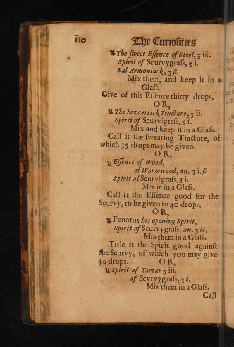 | rt - sates aes 110 The Cuvriolities | % The fweet Effence of Steel, 3 iii. Spirit of Scurvygrals, = 1. Sal Armoniack, 5 f. Mix them, and keep it in at a Glafs. aL Give of this Effencethirty drops, h OR, | U The Bezoartick Tindure, = ii. | Spirzt of Scurvigrals, 5 1. Mix and keep it in a Glafs. Call it the {weating Tin@ure, of! | which 35 dropsmay be given. OR 2 Effence of Wood, of Wormwood, an. 3 1, {*: Spirit of Scurvigrafs,3i. Mix it ina Glafs. ha Call it the Effence good for the} ae Scurvy, to be given to 4o drops. i 1, OR, it laa % Penotus his opening Spirit, te | Spirzt of Scurvy grals, an. 3 7i, Mix them ina Glafs, Title it the Spirit good againtt | ied Che Scurvy, of which you may give | Van 49 drops. OR, 4 WU Spirit of Tartar 3 ili. ie of Scvrvygrafs, 3 z. i Mix them in a Glafs. pe Call |