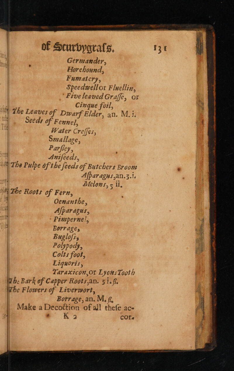 Germander, Horehound, Fumatery, Speedwellor Fluellin, ‘Five leavedGraffe, or a Cingue foil, | The Leaves of Dwarf Elder, an. M.i q Seeds of F ennel, Water Creffes, Swallage, Parfley, y Anifeeds, i The Pulpe of the feeds of Butchers Broom Afparagus,an.3.1. Melons, = ii, af } | ( be Roots of Fern, Oenanthe, f Ajparagus, Pimperne!, Buglofs; Polypouy, Colts foot, Ligeorzs, Taraxicon,or LyonsTovth ith: Bark of Capper Roots, an. 31s ff. The Flowers of Liverwort, Make a Decottion of all thefe ace ® K2 COF« i a) )