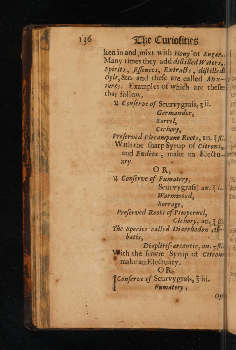 ken in and ‘mixt with Hony ‘or Sugar..| | Many times they add diftzVed Waters,,\ Spirits, Effences, Extras , diftilledi\ | Oyls, &amp;e. and. thefe are called AfGix-- (4 a turés. Examples of which are thefe:] q that follow, U Conferve of Scurvygrafs, 311. ah : Germander, nt Sorrel, i} 1 Cichory, | j te Preferued Elecawepane Roots, an. Eg (ee | \ With the fharp Syrup of Citrons,,) li! Pi \ and Exdive , make an Electu..jiin } | Ih vale | ; Tee OR, i Conferve of Fumatery, : Scurvygrats; a7. % .\h di . | Wormwood, | Borrage. Preferved Roots of Pimpernel, Cichory, an. 3 ffi i The Species called Diarrbodon Ab-4\ |; ais, batis., Py, Diaplirif-arcontic, an.x fis \ | Wie With the fowre Syrup of Citrow|| th. ~ makean Electuary. | i OR, ae | Conferve of Scurvygrafs, 3 iii. a | “2+. Fumatery m of