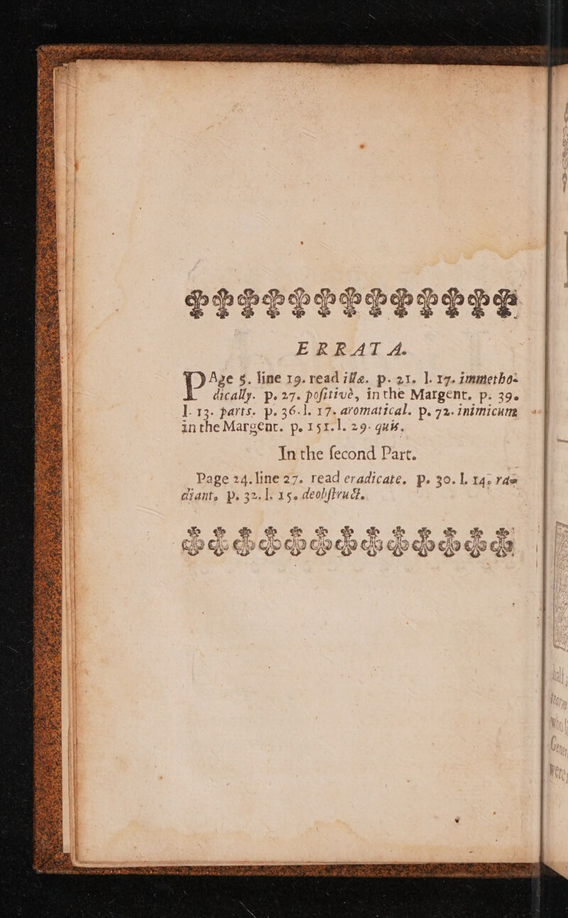 SPICES POTS: ERRAT A. Age §. line 19.read ile. p.21. |. 17. immetho- dically. P.27. Rares inthe Margent. p. 396 ]. 13. parts. p. 36-1. 17. aromatical. p. 72. inimicum in the Margent. pe Ist]. 29. quis, In the fecond Part. Jo 06 oo Clodo Costa da co dock GA Gio Cis eS 5 dodo EG Go eh AD OK pepe