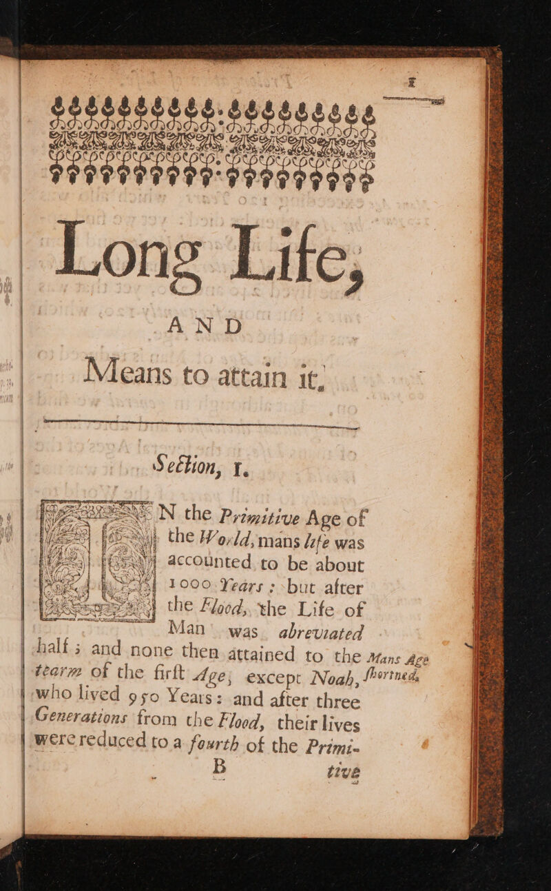 Pate ee og’ NN the Priyitive Age of | the World, mans life was | accounted. to be about | 1000 Years : but after 4 the Flood, the Life of = Man was. abreviated half; and none then attained to the Mans Age earm of the firft “ge; except Noah, fPerined who lived 950 Years: and after three | Generations from the Flood, their lives | were reduced to a fourth of the Primi. B tive