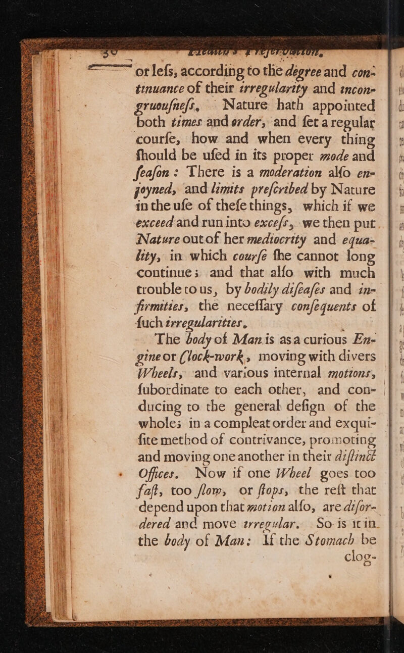 tinuance of their irregulartty and incon- gruoufne/s, Nature hath appointed both times and order, and fet a regular fhould be ufed in its proper mode and feafon: There is a moderation allo en- joyned, and lamits prefcrebed by Nature in the ufe of thefethings, which if we exceed and run into exce/s, we then put Nature outot her mediocrity and equa- lity, in which courfe fhe cannot long continue; and that alfo with much troubletous, by bodily difeafes and in- firmities, the neceflary confequents of fuch trregularctzes., The body of Manis asa curious En- gine or (lock-work, moving with divers Wheels, and various internal motions, | {ubordinate to each other, and con- | ducing to the general defign of the wholes in acompleat order and exqui- | fite method of contrivance, promoting and moving one another in their dz/frnét Offices. Now if one Wheel goes too faft, too flow, or ffops, the reft that depend upon that wotzon alfo, are difor- dered and move zrregular. So-is icin the body of Man: Ut the Stomach be clo g-