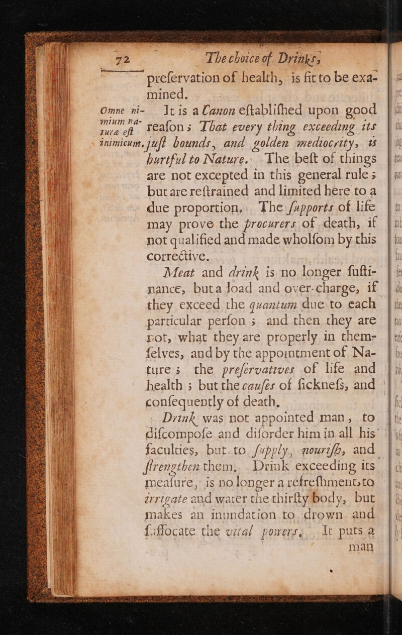 prefervation of health, is fitto be exa- mined, Omne ni- Jt is a Canon eftablifhed upon good hue off Yealons That every thing exceeding 1s inimicum. juft bounds, and golden medtocrity, ws burtful to Nature. The beft of things are not excepted in this general rule s but are reftrained and limited here to a due proportion, The /xpports of lite may prove the procurers of death, if not qualified and made wholfom by this corrective. Meat and drink is no longer fufti- nance, buta load and over-charge, if they exceed the quantum due to each particular perfon ; and then they are pot, what they are properly in them- felves, and by the appointment of Na- ture; the prefervateves of life and } jj health ; but the cauz/es of ficknefs, and || confequently of death, a — Drink was not appointed man, to difcompofe and diforder him in all his’ faculties, but.to. /upply, qourifh, and firengthen them, . Drmk exceeding its mea{ure, is no longer a refrefhmentsto arrigate and water the thirty body, but makes an inundation to..drown. and fuffocate the wital powerss, It puts a man