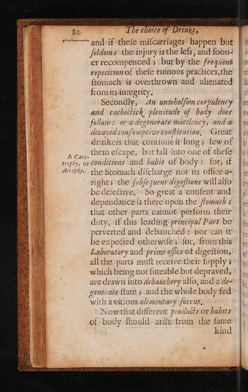 feldoms the injury is the lefs, and foon- er recompenced.; but by the frequent repetiiton sf thefe ruinous practices,the ftomach’ is overthrown: and alienated from its integrity, Secondly, .4n unwholfom corpulency and cathecitck plenitude of body does follow: - Ora degenerate macilency, anda decayed ton{umpt rue conftitution, Great drinkers that continue it longs few of aie them efcape, but fall into one of thefe trophy, or conditions and habit of body: for; if [fy Atrophy. the Stomach difcharge not its office-a+ Wet ens 7 ee Sakshi Rate Se O55 Sa he Kare 3eo aT ee Et oes signe; the f bfequent digefttons willalfo bie: defective, So great ‘a confent and dependance is there upon the flomach : that other parts cannot perform their duty, if this leading principal Part be Laboratory and prime efice of digeftion, ail the parts mult receive their fupply 3 ; which being not {uteable but depraved,