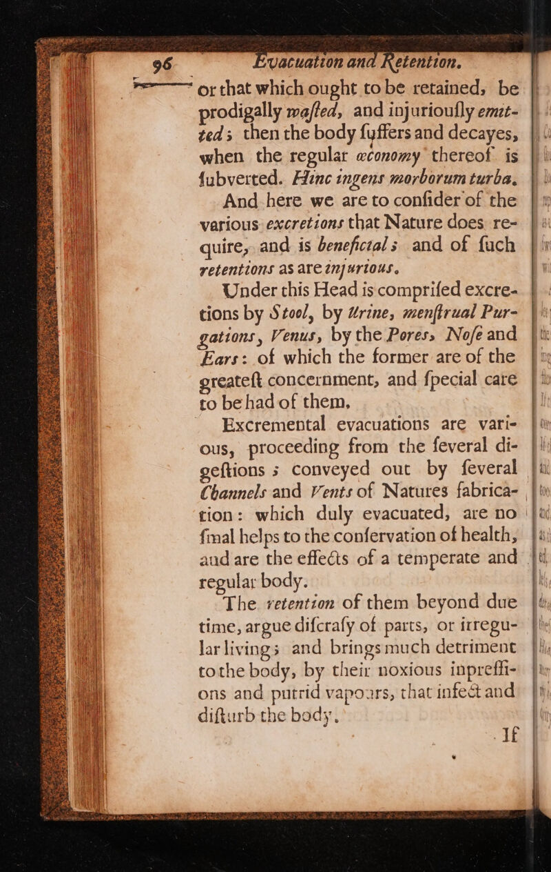 _*=—— or that which ought tobe retained, be prodigally waffed, and injurioufly emzt- tea; then the body {yffers and decayes, when the regular economy thereof. is {ubverted. Hinc ingens morborum turba. And-here we are to confider of the various excretions that Nature does re- quire, and is benefictals and of fach retentions as ALC inj ArlOus. Under this Head is comprifed excre- tions by Steel, by drine, menftrual Pur- gations, Venus, by the Pores, No/e and Ears: of which the former are of the reateft concernment, and fpecial care to behad of them, ~ Excremental evacuations are vari- ous, proceeding from the feveral di- geftions s conveyed out by feveral Channels and Vents of Natures fabrica- | tion: which duly evacuated, are no |i {mal helps to the confervation of health, aud are the effects of a temperate and ti regular body. The. vetention of them beyond due time, argue difcrafy of parts, or irregu- lar livings and bringsmuch detriment tothe body, by their noxious inpreffi- ons and putrid vapours, that infect and difturb the body, AE