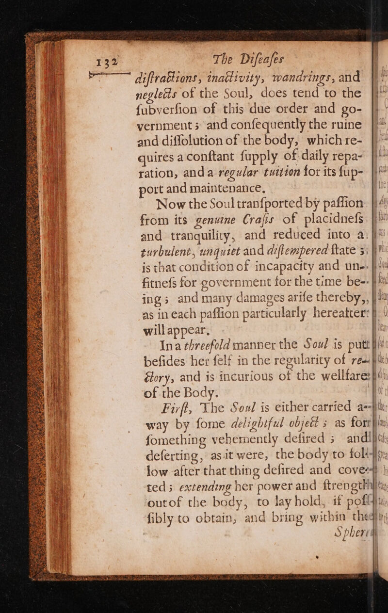 neglecis of the Soul, does tend to the {ubverfion of this due order and go- vernment ; and confequently the ruine and diffolution of the body, whichre- |)“ quires a conftant fupply of daily repa~ |)“ ration, anda regular tuition for its fup- |) ort and maintenance, i Now the Soul tranfported by paffion. }}4/ from its genuine Crajis of placidnefs, fi and tranquility, and reduced into a: turbulent, ungutet and diftempered {tate 3) is that condition of incapacity and une. pi fitnefs for government for the time be-- fi ings and many damages arife thereby,, jit as in each paflion particularly hereatcer:#} willappear, | Ina threefold manner the Soul is putt lt befides her felf in the regularity of res. plu Gory, and is incurious of the wellfare: pli of the Body. ‘fo Firft, The Soa is either carried a=pli way by fome delighiful object ; as fort ly fomething vehemently defired 5 andi ith deferting, as.it were, the body to folie low after that thing defired and coves} | ted; extending her power and ftrengthhitw, outof the body, to lay hold, if poflpu, fibly to obtain, and bring within theq}iy | S phered g th