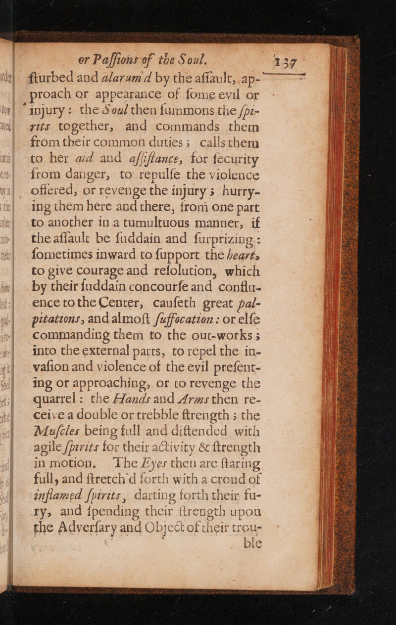 | * or Paffions of the Soul. fturbed and alarum d by the affault, ap-—— | ,Proach Qr appearance of fome evil or injury: the Sou/ then fummons the /p:- yits together, and commands them from their common duties; calls them to her ad and affiftance, for fecurity from danger, to repulfe the violence offered, or revenge the injury 5 hurry- ing them here and there, trom one part to.another ina Leis a manner, if the affaule be fuddain and furprizing : {ometimes inward to {upport the beats to give courage and refolution, which by their f{uddain concourfe we conflu- ence totheCenter, caufeth great pal- pitations, andalmoft /uffocatzon : or elfe commanding them to the out-works ; into the external parts, to repel the in- vafion and violence of the evil prefent- ing or approaching, or to revenge the quarrel : ¢ : the Hands and Arms then re- ceive a double or trebble ftrength ; the Mujfcles being full and diftended with agile /perits for their activity &amp; ftren gth in motion. The Lyes then are ftaring full, and ftretch’d forth with a croud of inflamed fririts, darting forth their fu- ry, and {pending their Aponte upon the Adverfary and Object of trou- Ye S ° their