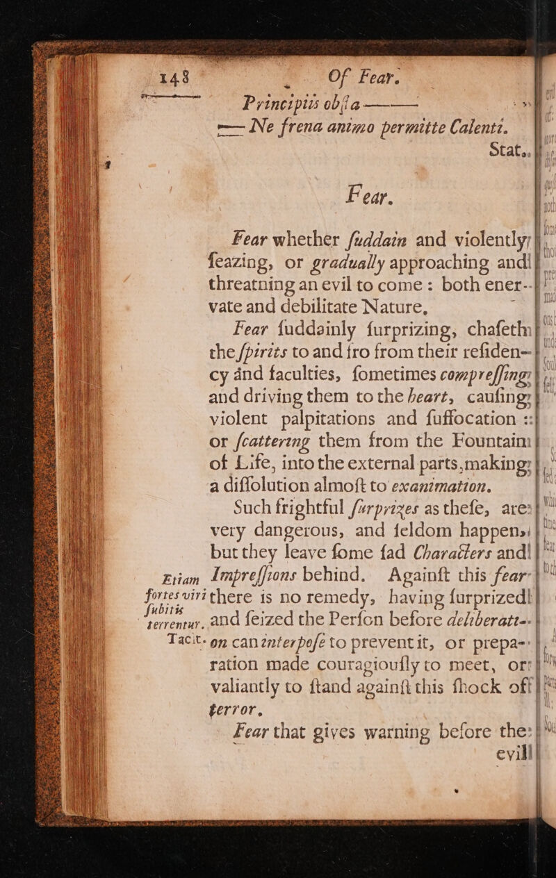 Of Fear. Principtis oba —— ss by -— Ne frena animo permite Calentz. Stat.. ff), Fear. Fear whether fuddain and violently;}j feazing, or gradually approaching andi}. threatning an evil to come: both ener--} vate and debilitate Nature, aa Fear {uddainly f{urprizing, chafeth| the /pzrzts to and fro from their refiden—}, cy and faculties, fometimes compreffing:} and driving them tothe heart, caufingy} violent palpitations and fuffocation : or fcattering them from the Fountain} of Life, into the external parts,making:} a diffolution almoft to exanimation. Such frightful /wrprizes as thefe, are: very dangerous, and feldom happens) | but they leave fome fad Charaélers and\}“ Etiam Impreffions behind. Againft this fear-} Hee virithere is no remedy, having {urprizedl} vervenrur, and feized the Perfon before deliberatt-- | Tacit. on can znterpofe to preventit, or prepa-:}, ration made couragioufly to meet, or: ab valiantly to ftand againfithis fhock off}™ tervor, i Fear that gives warning before the:}™! . evill] | I —, c