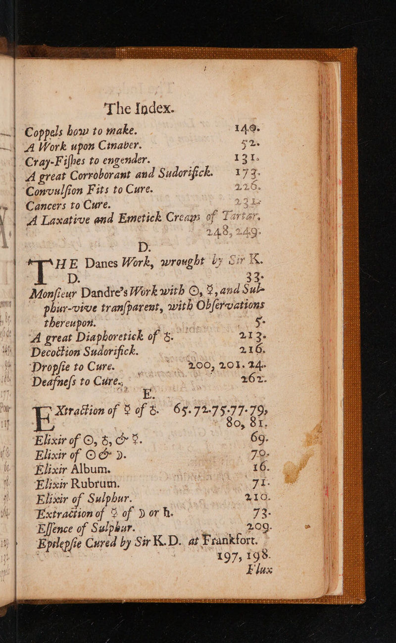        cede ie Biriaseia a Siete The Index. Coppels bow to make. 14.9. A Work upon Cinaver. 5D Cray-Fifbes to engender. 131. A great Corroborant and Sudorifick. 173. ‘Convulfion Fits to Cure. 2.26. Cancers to Cure. 221s ed pad aris F apf AA Laxative and Emetick Creags of Tartar  D. a ie E Danes Work, wrought by Sir K. D 22. Monficur Dandte’s Work with ©, 3, and Sul- - phur-vive tran{parent, with Obfervations _ thereupon. Preis Ce A great Diaphoretick of &amp; 21'25 Decottion Sudorifick. me 216. Dropfieto Cure. =. 200, 201. 24. Deafnefs to Cures has 26r. ne E. et ~ Xtrattion of % of 8. 65.72.75-77-795 80, 8I. Elixir of ©, 8 &amp; ®. 69. Lixir y OC). 705 Elixir Album. 16. Elixir Rubrum. “ie ce Elixir of Sulphur. WAG. Extraction of % of Yor hh. — Pg e Effence of Sulpkur. 2.09. Epilepfie Cured by Sir K.D.. at Frankfort. 4 ee | 197, 198. E lux