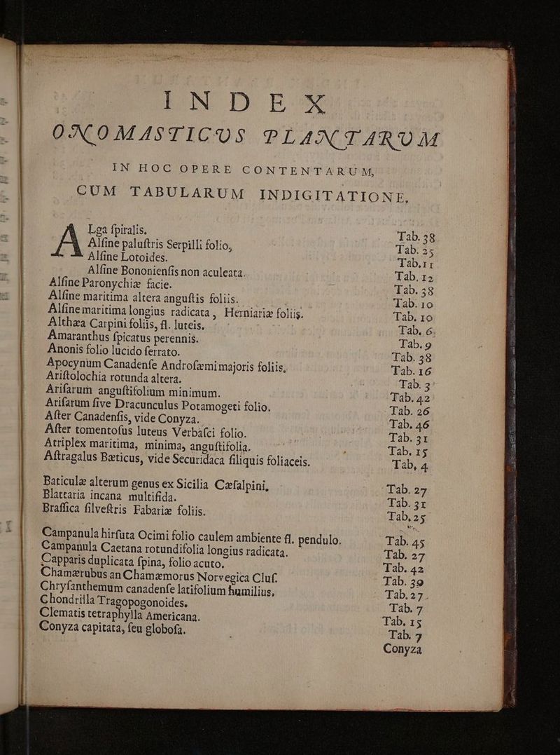 (—— ARRRRRRRRNIRUMEMVAeAaGSÉ PUN D B XX IN HOC OPERE CONTENTARUMWM, Lega fpiralis. A Alfine paluftris Serpilli folio, Alfine Lotoides. Alfine Bononienfis non aculeata. Alfine Paronychiz facie. jb Alfine maritima altera anguftis foliis. | Alfine maritima longius radicata, Herniarie foliis. Althza Carpini foliis, fl. luteis. Amaranthus fpicatus perennis. Anonis folio lucido ferrato. Apocynum Canadenfe Androfzmi majoris foliis, Ariftolochia rotunda altera. Arifarum anguftifolium minimum. Arifarum five Dracunculus Potamogeti folio. After Canadenfis, vide Conyza.. After tomentofus luteus Verbafci folio. Atriplex maritima, minima, anguftifolia. Aftragalus Bzticus, vide Securidaca filiquis foliaceis. Daticula alterum genus ex Sicilia Calalpini, Blattaria incana multifida. Braffica filveftris Fabarie foliis. Campanula hirfuta Ocimi folio caulem ambiente fl. pendulo. Campanula Caetana rotundifolia longius radicata. Capparis duplicata fpina, folio acuto. Chamzrubus an Chamamorus Norvegica Cluf. Chryfanthemum canadenfe latifolium humilius, Chondrilla Tragopogonoides. Clematis tetraphylla Americana. Conyza capitata, feu globofa. Tab. 358 Tab. 35 1 ab.1 I Tab, 12 Tab. 58 Tab.1o Tab. 10 Tab. o. Tab. 9 Tab. 38 Tab. 16 Tab. 3: Tab. 42 Tab. 26 Tab. 46 Tab. 31 Tab. 1$ Tab, 4 Tab. 3x Tab.25 Tab. 45 Tab. 257 Tab. 42 Tab. 39 Tab.27. Tab. 7 Tab. 15 Tab. 5 Conyza