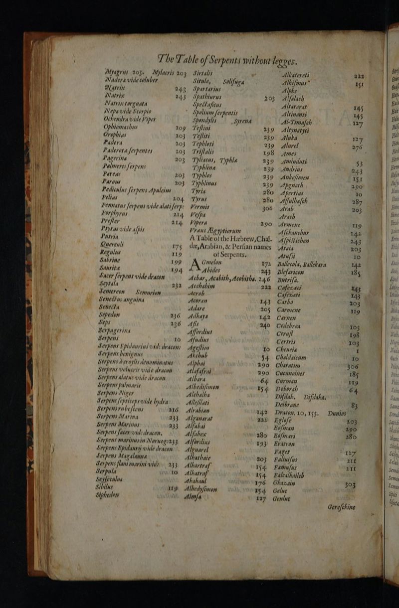 Myagrus 203+ Mylaoris 20 F Naderavide coluber Natrin 24.2 WVatvin 245 WV ALTIN LOreuata Nepawide Scorpio Dike wide Viper ( phiowac hws 209 Ovophias 203 Padera 203 Paderota ferpentes 203 Pagerina 20% Palmerts ferpens Parca 203 Paros 203 Pediculus fo ‘pens Apuleius Pelias LO4, Pennatus ferpens vide alati ferp: Porphyyus 4 Prefler 214, Prytas vide alpls Putria Quercul} Ins Reeulws 110 Sabvine 109 Saurite 194 Sacer ferpens vide dracon Seytala 232 Semercon Semuprion Senedd us aneuina Sevedcta Sepedon 236 eps 236 Serpacerina Serpens 10 Ya) Pons f pi lanvius vid: dracon: Serpents benienns Serpens Acvoyl/s denominatns Serpens volucris vide dracon Serpens alatus vide dvacon Serpens palmaris Serpens Niwer Merpens [eprie epse nde | ely a Serpens rubefoens 216 Serpens Marina 233 Serpems Marinus 333 Serpens acer vids dracon, Serpens mavinusin Noruees233 Serpens Bpidanvy wide dracon Serpens Macalaune Serpens flanimarini vide 233 Senpula 10 Seyfeculia Sibilus Wy Sipheder Sitalis *° Situla, — Solifuea Spartarins Shathinrus 203 Spedtapieus Spolium erpentis Spondylis Syren Teflini 239 Tefiri 230 Tephloti 239 4 riflalis 198 yg yliacus ; Typ a 239 Tphline 239 | yphlos 239 Typhlinus 230 Tyra 28o Tyres p8o Mermis 306 Velpa Pipera 200 Vraus Me yptiorum A Table of the Habrew,Chal. de, Arabian, &amp; Perfian names of Serpents. A Cmelon 172 A &amp; Abides 243 Achar, Acabith, Acobiths, 2.4.6 Atthabim 222 «devab wMcoran 14.3 dare 205 Aihaya 14.2 A fis 240 Affordins Afudins Ageflim Yo a chub 54. Alpha 2090 Alafafrad 290 Albara 64 Albedifimon 15 4 Alehatha Allefilati Alvabian 142 Alvanarat 222 Alfabal Alfahex 280 Alferdins 193 Aleuarel Alhathale 203 Alhartraf 154. Alhatraf N14, Ahahaul 176 Alhedy/imom 15 4. Alms 137 Alkatereti a22 Alkifmus* — Isr Alphe Al falach Altavarat | 145 Altinanti 145 Al-Timafch 12-7 Altynatyei Aluka 127 Alurel 276 Ames Aminduts 53 Andrius 24.3 Ankefinien IS Apenath 290 Apertias Yo Affulhafch 287 Arab 203 Arach Armene 19 Afchanchur 14.2 A[pistichon 24.3 Ataia 203 Atu/si 10 Ballecola, Ballekara 142 Blefaricon 185 Butri/a. Cafexaci 143 Cafexati 143 Carbo 203 Carmene i19 Carnen Cedebroa 103 Ceruft 198 Certris 103 Cheuria I Chaldsicum ro Charatins 306 Cucunoines 185 Carman 1r9 Deborah 64 Difdah, Difdaha, Deibrane 83 Dracon, 10,153. Duntios Eglofe 203 Eo/man 290 Eefmeri 280 Eratron Fatet ru Falluifus 2rr Famufus 2I0 Palealhaileb Ghazain 303 Cele Genlur Gere/chine Sema) Semyy Stmy “pit } ep 4,