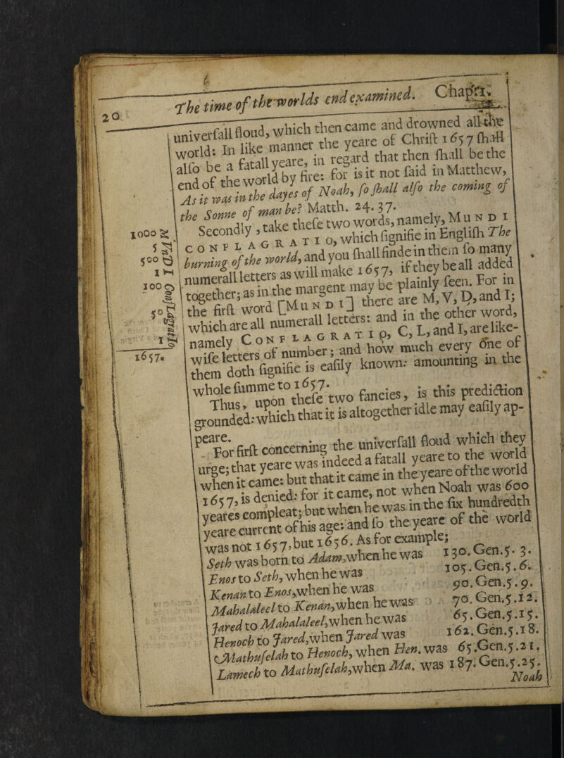 Ctiajk. -7-77. 7 ,„i,irh rvimcame and drowned alltlTC miV,ff ttZnncv rtSyeare of Chrift x 65 7 fliaH ,World: In in regard thatthea fhall bethe rlt' fethe World by fire: for is it not feid in Matthcw, 1 Tir tSS daylof Noah, fofidl dfo *• «* * ~*f^;X!ZZS38S^X ,0 7LmAl^wU -Wg fa,, „ in - I W*W«*S'&Tli llLc Sre M,V,M 5° % irSS Kni3 K Sre ^V^andlj 1W i the firft wokI L1 , -4 an(j ja the other word, i i which are ali numerali letters. and ^ ^ ^ 1657, W«‘V“;.7. T . r R at 1 0, C,L,andI,arelike- ^lettereof number; and how much every eme of Sem doth fignifie » eafily known: amounting » the wholefammeto^y. fancies, is tbls prediaion grOTinded.-which that it is altogether idle may eafily ap- ne0;firft concerning £ Urf enit^ame-buuhat it came in the yeare of the world when it came, du whenNoah was 600 id57>» Scwas mthe fix hundredth 5«.bomt ^».wh«.te«as .,o.G«.S. J, 1E nos to Seth, when he was Kenan to £«<M,when he was Mabaldeel to Kenan,when hewas lared to Mabaldeel, when hewas T^rUto MathufeUb^tXiMa. was i87.Oen.jf. J --^ io5.Gcn.5.6. ^o.Gen.5.9. yo.Gen.5.12. 65.001.5.15. 162. Gen.5.18.