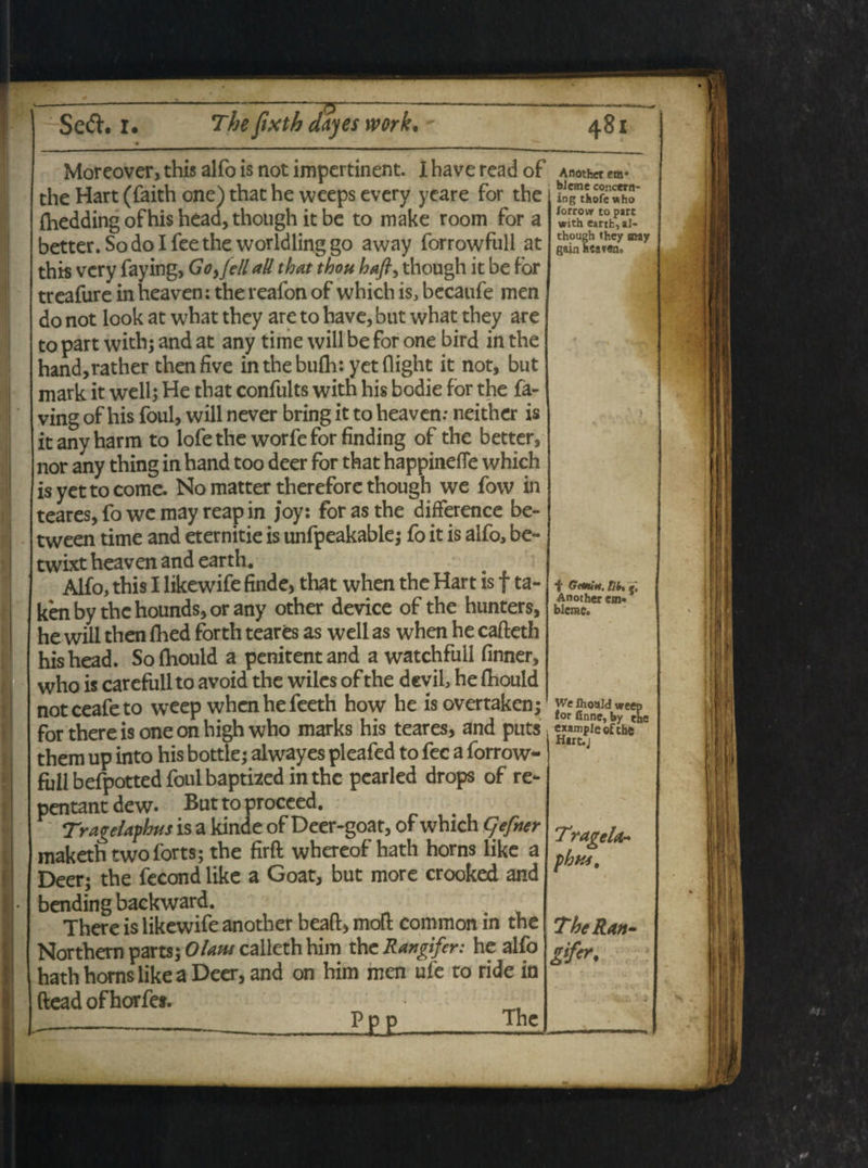 Moreover, this alfo is not impertinent. I have read of the Hart (faith one) that he weeps evcry yeare for the fliedding of his head, though itbe to make room for a better. So do I fee the worldling go away forrowfull at this vcry faying, Go,fe/l ali that thou haft, though it be for treafure in heaven: the reafon of which is, becaufe men do not look at what they are to have, but what they are to part withj and at any time will be for one bird in the hand,rather thenfive inthebufli: yetflight it not, but mark it well; He that confults witn his bodie for the fa- ving of his foul, will never bring it to heaven: neither is it any harm to lofe the worfe for finding of the better, nor any thing in hand too deer for that happinefie which is yetto come. No matter therefore though we fow in teares, fo we may reap in joy: for as the difference be- tween time and eternitie is unfpeakablej fo it is alfo, be~ twixt heaven and earth. Alfo, this I likewife finde, that when the Hart is f ta- ken by the hounds, or any other device of the hunters, he will then fhed forth teares as well as when he cafteth his head. Solhould a penitentand a watchfull finner, who is carefull to avoid the wilcs of the devii, he fiiould notceafeto weep when he feeth how he isovertaken; forthereisoneonhighwho marks his teares, and puts them up into his bottle; alwayes pleafed to fec a forrow- fiill befpotted foul bapmed in the pearled drops of re- pentant dew. But to proceed. Tragelaphus is a kinde of Deer-goat, of which qefner maketh twoforts; the firft whereof hath horns like a Deer; the fecond like a Goat, but more crooked and bending backward. There is likewife another beafl:, mofl: common in the Northern parts; Olam calleth him the Rangifer: he alfo hath horns like a Deer, and on him men ufe to ride in Another em* ; bJeme concern* iDg thofe who forrovr to pare with eartfc,aJ- though they may gain hsaren. •f GemtH, llht r. Another em* blemc. We fhould weep tor finne, by tne exampleofthe Hirc.j Tragela* phus. The Ratt“ ftead of horfe*. ---P£E