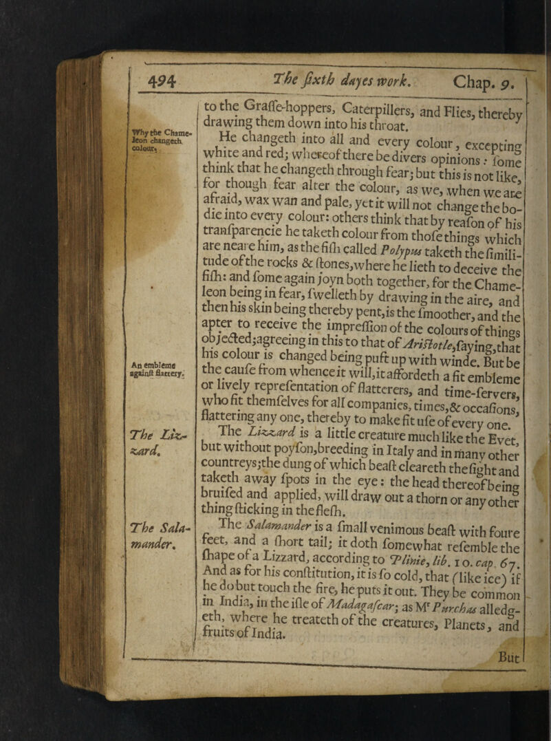 Whyt&e Chame- leon changeth, colour. An embleme againfl fiactcry- The Liz*- z^ard. The Sala- mander. to the Graffe-hoppers, Caterpillers, and Flies, thereby drawmg them down mto his throat. y He changeth into ali and every colour, cxceptincr wh.ce and redj wheseofthere bc divers opinions, fom? thmk that he changeth through fear, but chis is not like for though fear alter the colour, as we,,whenwea£ afratd, wax wan and pale, yetit will not change the bo- die mto every colour: others think that by reafon of his tranfparencie he taketh colour fromthofethings which are neai e him, as thefilh called Polypus taketh the fimifi- tiide ofthe rocks & (tones,where he lieth to deceive the hlh: and fome again joyn both together, for the Chame- Ieon being in fear, fwellethby drawing in the aire, and then hxs skin being thereby pent.is the fmoother, and the aj*.£V°| receive the impreffion of the coloursofthings objedledjagreetng m this to that of ^'i^fayin&that his colour is changed being puftup with winde. Butbe the caufe from whenceit wtll,itaffbrdeth a fit embleme or hvely reprefentationof flattcrers, and time-fervera who fit themfelves for air companies, times,& occafions flattenng any one, thereby to make fit ufe of every one. ’ The Libani is a little creature much like the Evet but without poyfon,breeding in Italy and in iflanv other countreysjthe dung of which beaft cleareth thefiuht and taketh away fpots m the eye: the head thereofbeing bruifed and applied, will draw out a thorn or any other thmg fticking in the flefh. 1 fi2!n'ii!famnnder ‘®,a fm?H renimous beaft with foure feet, and a fhort tail; it doth fomewhat refemble the Ihape of a Lizzard, according to 7’lime, lib. 10. cap 6-1 And as for his conftitution, it is fo cold, that f like ice1) if hedobut touch the fire.heputsitout.Theybe common m India, m the ifle of Madagafcar-, as WP urebas alleder- trea,“hoftherw, JU But i