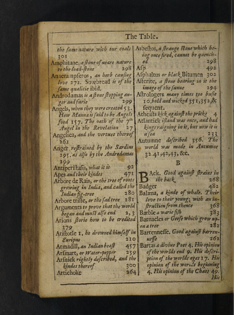 the fame nature with our coals i Asbeftos, a frange Hone which be- 301 Anvphitane, a ftone of ne are nature to the load- ftone 298 Anacrarnpferos, an herb caufing love 2jz. Sowbread is of the fame qualitie ibid, Androdamas ia a ftone ftopping an- gerandfurie 299 Angels, when they re er e created 5 3. ing oncefired, cannot be quench- ed 298 Afp 492 Afphaltus or blackJZkamtn 302 Afterite, a ftone bearing in it the image of the funne 294 Aftrologers many times too bafie 1 o Jbold and wicked 351,352 3dc fequent. How Manna isfaid to be Angels I Athcifts kftkagainft the pricks 4 food 157. The oath of the yth \ Atlantick ijland was once> and had Angel tn the Revelation 2 7 Anselica y and the ver tues thereof 2 61 Anget1 reftrained by the Sardius 2 9 5. as alfo by the Androdamas 299 ... ' f*. Antiperiftafis, what it ts 92 Apes andtheir kindes 471 Arbore de Rais, or the tree of roots growing in India $ and.calie d the Indianfig-tree 280 Arbore trifte,0r thefad tree 281 Arguments to prove that the uvor Id began and mu ft alfo end 2,3 Arions ftorie how to be credited 37 9 Ariftotle l. he drowned himfelf in Euripus 210 Armadill, an Indian beaft 45 7 Arfmart, or Water-pepper 259 Arfnick rightly defcribed> and the kindes thereof 3 0 0 ^ Artichoke 264 kjngs raigning in it, but now it is afea # 233 Autumne deferibed 35 6. The , rvorld was made in Autumne 3 2.4* 342*43 > B B Ack. Good agaihft flrains in theback^ 268 Badger 482 Balaena, a kinde of rvhale. Their love to theiryoung; with an in- ftruftionfrom thence 3 68 Barbk a warie fijh 383 Barnacles or Geefe which grow up- onatree 282 Barrenneffe. Goodagainft barren- nefpe 262 Bartas a divine Foet 4, His opinion ofthe worlds end 9. His deferi- ption of the worlds ages 17. His epinion of the woruls beginning 4, His opinion of the Chaos 49. His