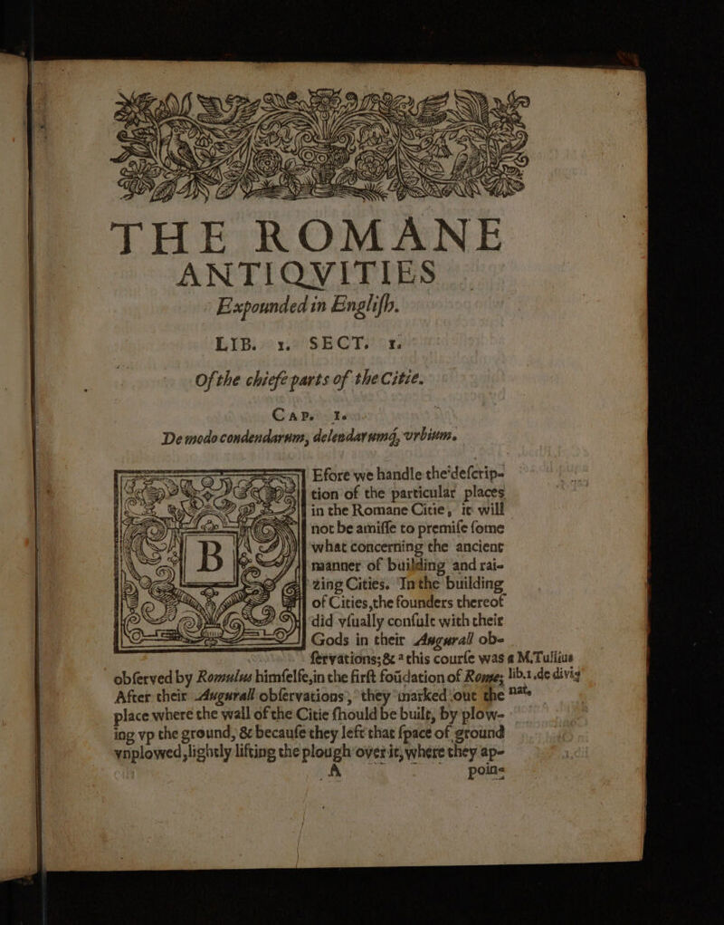 (Baws ANTIQVITIES » Expounded in Englifh. UL YBivo 129 SBOTH on Ofthe chiefe parts of the Citze. Efore'we handle the‘defcrip- tion of the particular places AH in the Romane Citie, ic will NW if not be amiffe to premife fome NI} what concerning the ancient | manner of building and rai- ‘(Gl zing Cities. ‘Inthe building #1] of Cities,the founders thereot did vfually confule with their 3 Gods in their Asgurall ob- oe \) fervations; &amp; 2 this courfe was @ M.Tullius obferved by Romulus himfelfe,in the firft fotidation of Rome; lib.t de divig After their Augurall obfervations’,’ they ‘mnarked\out the place where the wall of the Citie fhould be built, by plow- ing vp the ground, &amp; becaufe they left that fpace of ground ynplowed, lightly lifting the plough’over it, where they ap- A ae So pels