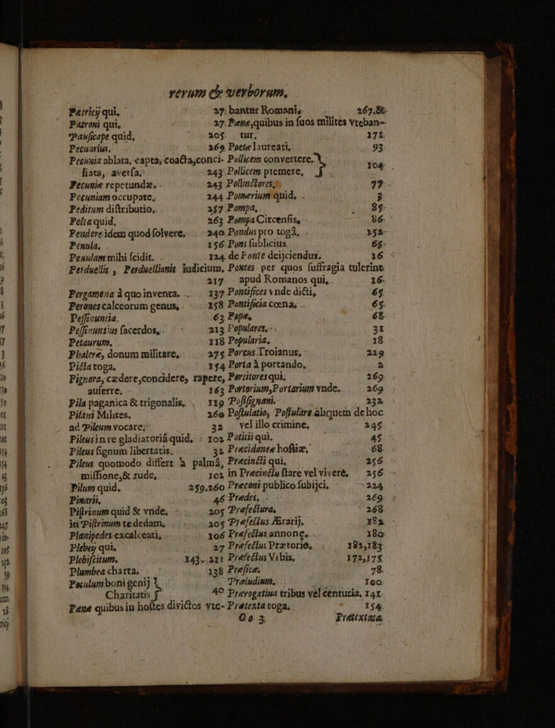 — a ee Ee a d!lUlLeee Cer. Sere ver um ey werbornM, Paivicy qui, 297. bantur Romania: 267.86: Patron qui. 27. Pewe,quibus in fuos milites vreban= Panficape quid, | 205. tur, 171. Pecuavius. 269, Poete laureati,: 93. Pecusia ablaca, captaycoacta,conci- Pollicem convertere, \ fiata,: averfa,’ 243 .Pollicem ptemere, rom Pecunie rcpetund2. - 2.43 Pollnétores:. — a9: e¢uniam occupate,- 244 Pomerium quid, . PY Peditum diftributio.,. . 2$7 Pompa, BF Peltaquid, . 263 PompaCircenfise Serge aR Peudere idem quodfolvere, . 240, Podus pro toga, . 153- Penula. 156 Pons {ublicius,... 65. Pesulam mihi {cidit. . 124 de Fonte deijciendus, 16 * Perduellis , Perducllionis iudicium, Poxtes. per quos fuftragia culerint 217. - apud Romanos qui... - 16. Pergamena Aquoinventa. .. 137 Pontificesvnde ditt, 65 Perones calceorum genus, - 158 Pontificia ccena, .. 65. Peffizuntia. 63. Pope, 3 68 - Peffirunzius {acerdos,. 213 Populares. . 35 Petaurum, _ 118 Popularia. 13 Phalere, donum militare, 275, Porcus Troianus, 229 Pitta toga, 154 Porta 3 portando, 2 Pignora, czdere,concideres rapere, Pertitores qui. 269 auferre, - 163 Portorium,P ortarium ynde... 269 Pila paganica &amp;trigonalis, . 119 Pofifgnani. - 232 Pilani Milites. 260 Poftulatio, Poffulare aliquem de hoc. ad Pueumvocare; 2 . vel illo crimine, aq | Pileusinre gladiatoria quid. : 102 Potitti qui. BAN HA Pileus fignum Jibertatis. 32 Precidanee hoftiz. 6S. Pileus quomodo differe &amp; palma, Precinét qui. et Ce miffione,&amp; rude, . 102 in Precinéinftare vel viveré, 256° ~ Pilum quid. 259,260 Precons publico fubijci, 2.24, Pinarii. 46 Prades, 269 Pigrinum quid &amp; vnde.. 205 Prefetiura, - 268 in Piflrimum tededam, - - 205 Prefectus Airarij. ¥8a &gt; Planipedes excalceati, 106 Prefedtusannone,. .. 180: Plebey qui. 27 PrefediusPretorio, ; 182,183 Plebifiium. 143..an1 Prefedius Vsbis, 172,175, Plambea charta. 138 Prejica 78. Paculambonigenij 1 © . Praludinm.. .. | 160. Charitatisf 4° Prevogatina tribus vel centuria, 145. Pane quibusin hoftes.divittos yte~-Pratexta toga, 154. Oo 3 Pretextata