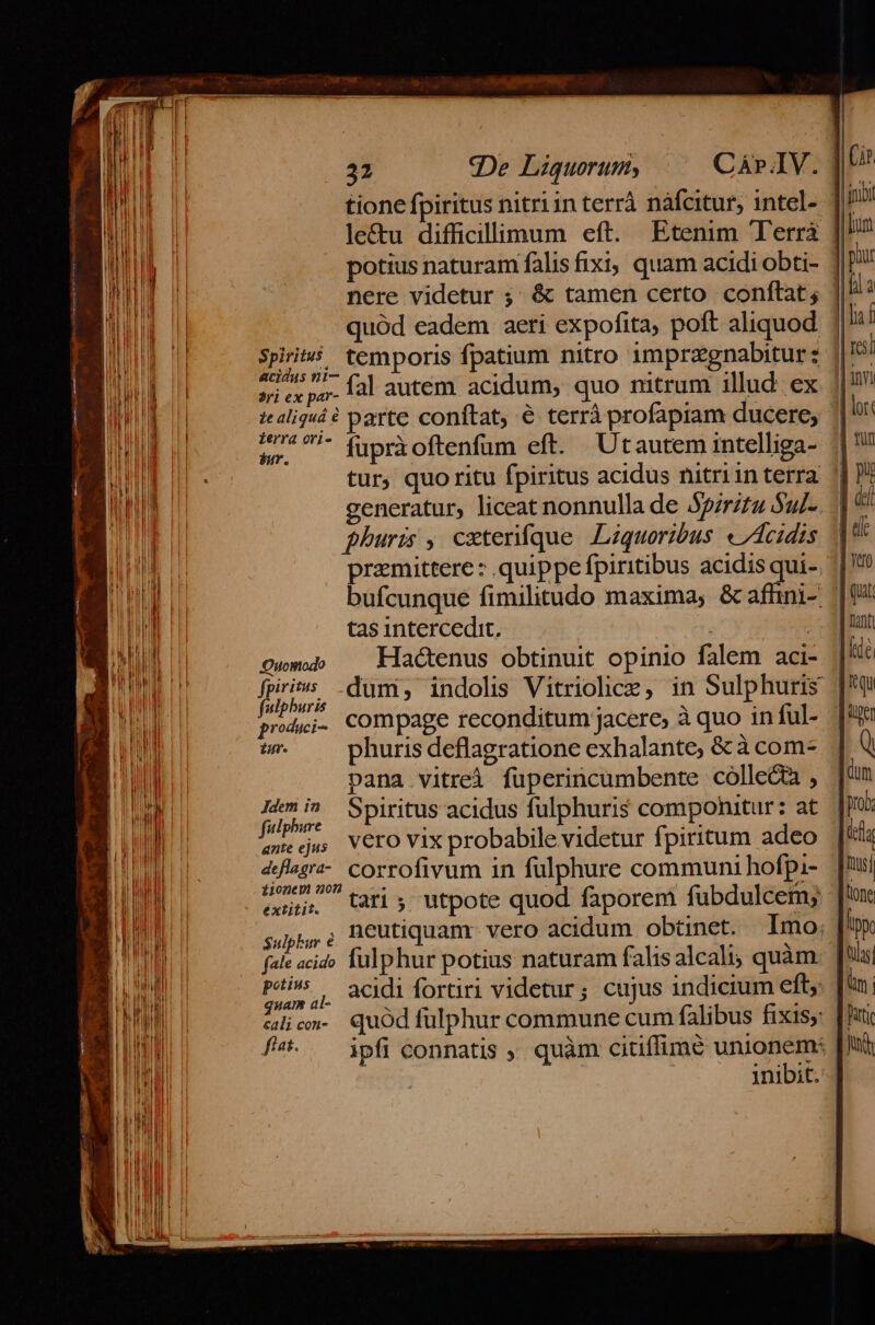 tione fpiritus nitri in terrà náfcitur, intel- le&amp;u difficillimum eft. Etenim Terrà potius naturam falis fixi, quam acidi obti- nere videtur 5; &amp; tamen certo conftat; quód eadem aeri expofita, poft aliquod | Spirits; temporis fpatium nitro 1mprzgnabitur: ||! E fal autem acidum, quo nitrum illud. ex | icaliqvàé parte conítat, é terrà profapiam ducere; 2... 77 fuprioftenfum eft. Utautem intelliga- tur, quoritu fpiritus acidus nitriinterra generatur, liceat nonnulla de 5prztu Sul-. phuris , cxterique Liquoribus «7Acidis pramittere : quippe fpiritibus acidis qui- || bufcunque fimilitudo maxima, &amp;afhni- | tas intercedit. ! E cwm MHactenus obtinuit opinio falem aci- | ari dum, indolis Vitriolice, in Sulphuris | E us compage reconditum jacere, à quo in ful- | tn. phuris deflagratione exhalante; &amp; à com- pana vitreà fuperincumbente cóllectà , spi Spiritus acidus fulphuris componitur: at fp ju Vero vix probabile videtur fpiritum adeo deflagra-. corrofivum in füulphure communi hofpi- Pru. tari, utpote quod faporem fuübdulcem; sp, ; BCUtiquam vero acidum obtinet. Imo. fele acido fulphur potius naturam falisalcali; quàm E ow ii acidi fortiri videtur; cujus indicium eft, li &amp;licn. quod fülphur commune cum falibus fixis; [ri /«. — ipfi connatis quàm citiffime er inibit. |