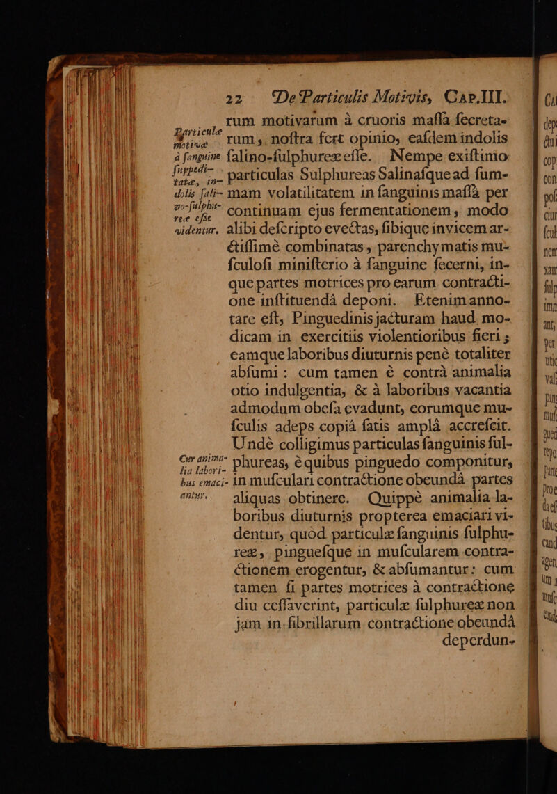 do T TMM motivarum à cruoris maffa fecreta- ws rums noftra fert apio eafdem indolis à foni falino-fulphurex efle. Nempe exiftimo eet - particulas Sulphureas Salinafquead fum- diis [4i- mam volatilitatem in fanguinis maffà per rr (iud continuam ejus fermentationem , modo videitwr, alibi defcripto evectas; fibique invicem ar- étifflimé combinatas, parenchy matis mu- fculofi minifterio à fanguine fecerni, in- que partes motrices pro earum. contracti- one inftituendá deponi. Etenim anno- tare eft, Pinguedinis jacturam haud. mo- dicam in exercitiis violentioribus fieri ; camque laboribus diuturnis pené totaliter abfumi: cum tamen é contrà animalia otio indulgentia, &amp; à laboribus vacantia Cur anima- antur, aliquas obtinere. Quippé animalia la- boribus diuturnis propterea emaciari vi- dentur, quod particulz fanguinis fulphu- rez, pinguefque in mufcularem contra- Ctionem erogentur, &amp; abfumantur: cum tamen íi partes motrices à contractione diu ceffaverint, particula fulphurex non jam 1n-fibrillarum contractione obeundá deperdun.