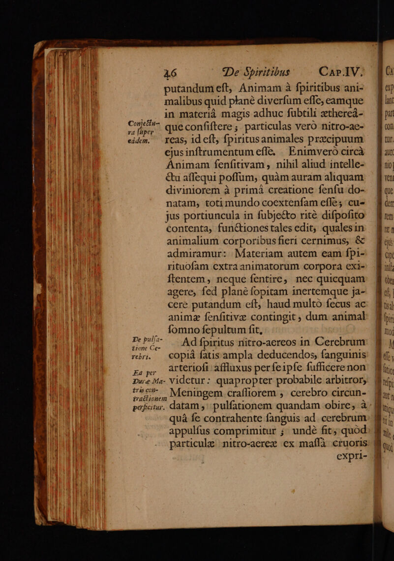 putandum eft, Animam à fpiritibus ani- malibus quid plané diverfum efle, eamque .. in materiá magis adhuc fubtili zthereá- Rn que confiftere ; particulas vero nitro-ae- eidom. —1€238, id cft, fpiritusanimales przcipuum ejusinftrumentum efle, | Enimvero circà Animam fenfitivam ,. nihil aliud. intelle- &amp;au affequi poffum, quàm auram aliquam diviniorem à primà creatione fenfu: do- natam, toti mundo coextenfam effe; cu- jus portiuncula in fubje&amp;o rité difpofito contenta, funGtionestales edit, qualesin animalium corporibus fieri cernimus, &amp; admiramur: Materiam autem eam fpi- rituofam extra animatorum corpora exi- ftentem, neque fentire; nec quicquam agere, fed plane fopitam inertemque ja- cere putandum eft, haud multó fecus ac animz fenfitivae contingit ; dum animal . Íomnofepultum fit, Du. . Adfpiritus nitro-aereos in Cerebrum rbr. COp1à fatis ampla deducendos, fanguinis g,,, Arteriofi affluxus perfeipfe fufficerenon DweMz- Videtur: quapropter probabile arbitror; Mes uro Meningem craíliorem ;. cerebro circun- pofiit. datam ,' pulfationem quandam obire; à quá fe contrahente fanguis ad. cerebrum appulfus comprimitur ; undé fit; quod: particule nitro-aerex ex mafífà cruoris: | expri-