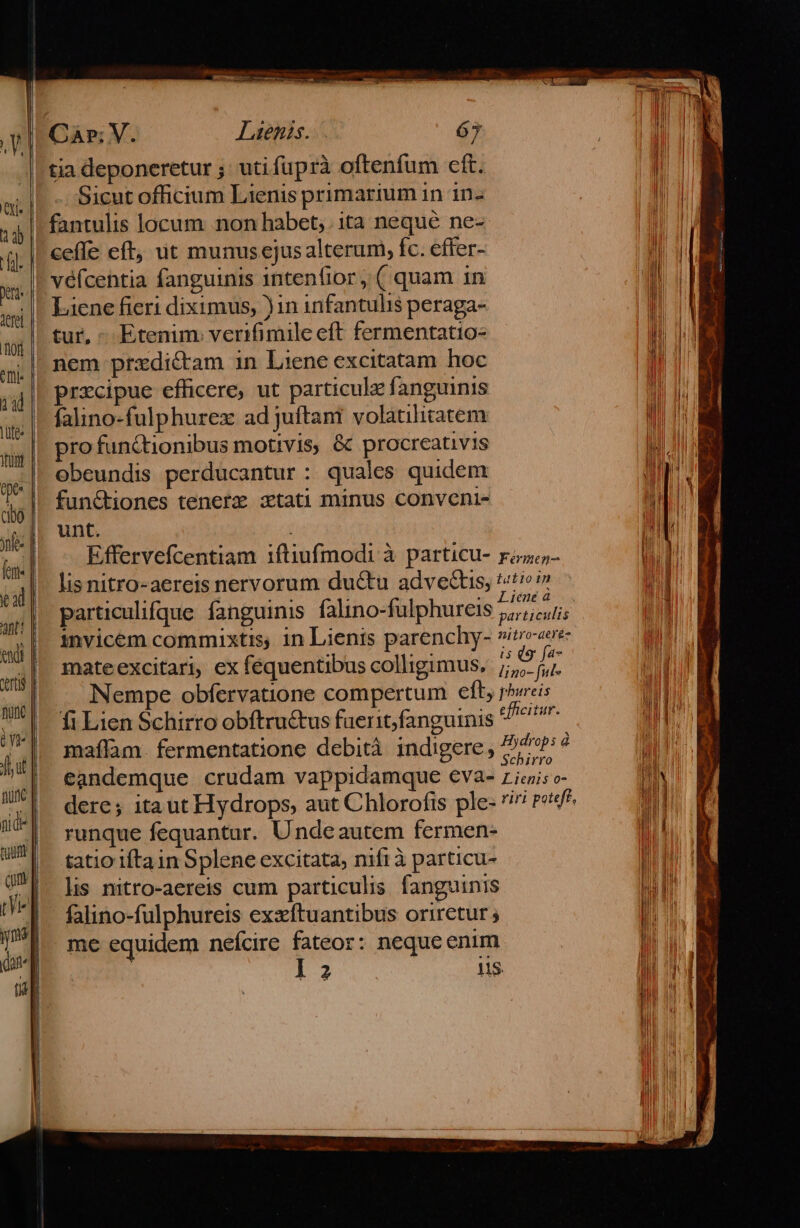 tia deponeretur ; utifuprà oftenfum cft. n Sicut officium Lienis primarium 1n 1n- EM id fantulis locum non habet; ita nequé ne- I | m cefle eft, ut murus ejus alterum, Íc. effer- PED i véícentia fanguinis intenfior , ( quam in TE gs |. b1ene fieri diximus, )in infantulis peraga- ru as || £u Etenim. verifimile eft fermentatio- ! E ail nem przdictam in Liene excitatam hoc ni ju. precipue efficere, ut particulz fanguinis 3 ud ad falino-fulphurex ad juftani volatilitatem JE ws. pre functionibus motivis, é€ procreativis dM obeundis perducantur : quales quidem T! 1 |. functiones tenerz xtati minus conveni- o6 | «hel | i AIL. Efferveícentiam ifliufmodi-à patticu- ri- I v lis nitro-aereis nervorum du&amp;u advectis, Es | AT j? | particulifque fanguinis falino-fulphureis Vei EE MI T IL invicem commixtis, in Lienis parenchy- »izo«ere: uii Wi mate excitari, ex fequentibus colligimus, hens A I Nempe obfervatione compertum eft, reis PH W*1 fi Lien Schirro obftru&amp;us faerit fanguinis dan PE DMIE IL maffam fermentatione debità indigere , 2/2»? W.B hi eandemque crudam vappidamque €va- r icis o- MIN | 5 uy | dere; itaut Hydrops, aut Chlorofis ple- /?i ref 3l jd runque fequantur. Undeautem fermen- JL 9|. tatioiftaimmSplene excitata, nifià particu- JE JL lis nitro-aereis cum particulis fanguinis MT e falino-fulphureis exzítuantibus Oriretur , |. I. me equidem neícire fateor: neque enim E d I2 iis rM