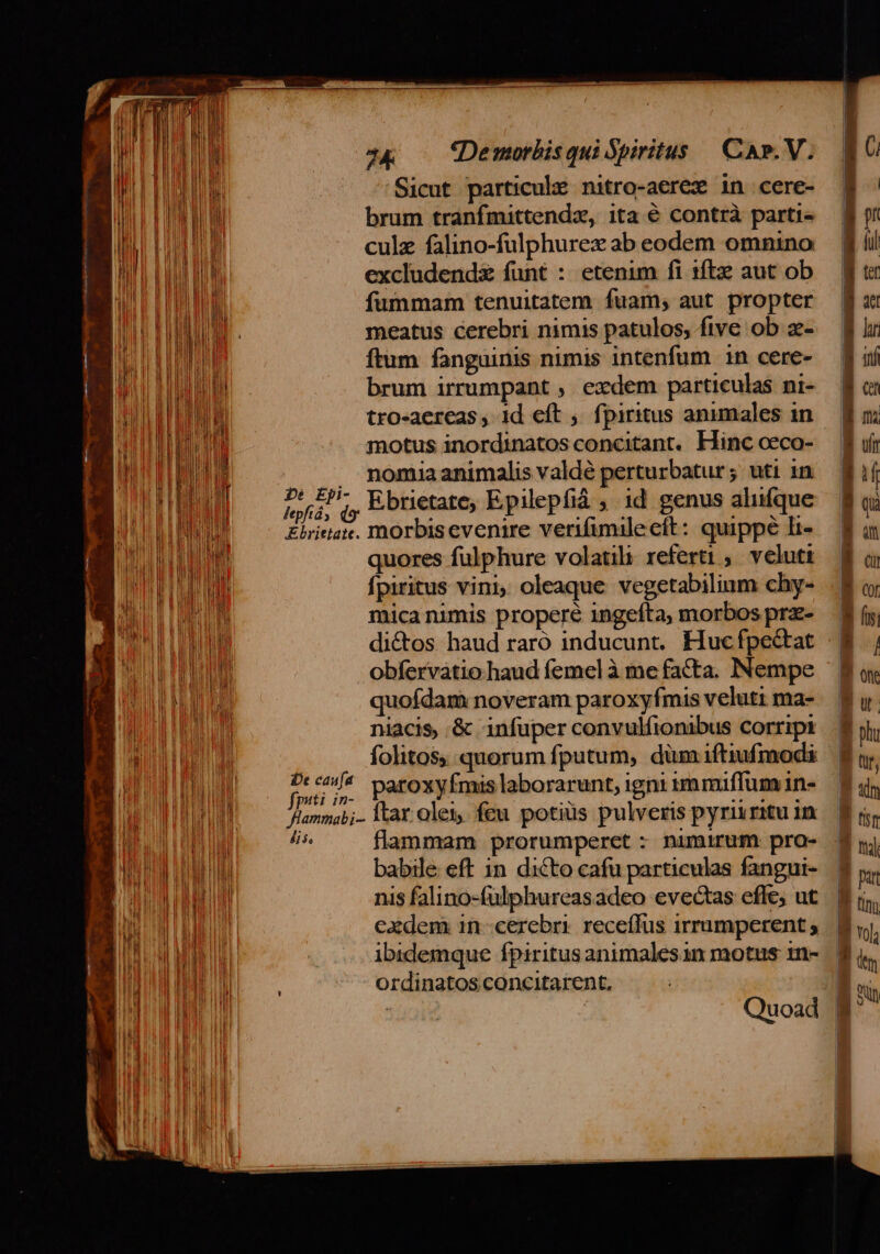 l WT DU UB [UM 4&amp; —— QDemorbisqui Jpiritus | CAP. V. Sicut particule nitro-aerex in cere- brum tranfmittendz, ita 6 contrà parti- culz falino-fulphurez ab eodem omnino excludend&amp; funt : etenim fi ift aut ob fummam tenuitatem fuam, aut propter meatus cerebri nimis patulos, five ob z- ftum fanguinis nimis intenfum 1n cere- brum irrumpant , exdem particulas ni- tro-aereas , 1d eft , fpiritus animales in motus inordinatos concitant. Hinc ceco- . nomiaanimalis valdé perturbatur; uti 1n hé dy Ebrietate, Epilepfiá ; id genus aluíque Ehrietate. morbisevenire verifimilecít: quippe li- quores fulphure volatili referti ; veluti E fpiritus vini; oleaque vegetabilinm chy- —. 8 o mica nimis properé ingefta; morbosprz- 8 fy, dictos haud raró inducunt. Hucfpectat 3 , obfervátio haud femel à me facta. Nempe ^ B os. quofdam noveram paroxyfmis veluti ma-.— 8 ir niacis, .&amp; infuperconvulfionibus corript 8 jh folito; quorum fputum, dümiftiufmodi 9. uer paroxyfmis laborarunt, igni immiffum ins — 9 qn Hammab;- lar olet, feu potiüs pulveris pyrivrituim B rs, de flammam prorumperet : nimirum pro- E m babile eft in dicto cafu particulas fangui-  nis falino-fülphureasadeo evectas effe; ut. | exdem in-cerebri receffüs irrumperent ; Bu, ibidemque fpiritus animalesin motus m- d i. ordinatos concitarent. B | | Quoad B^