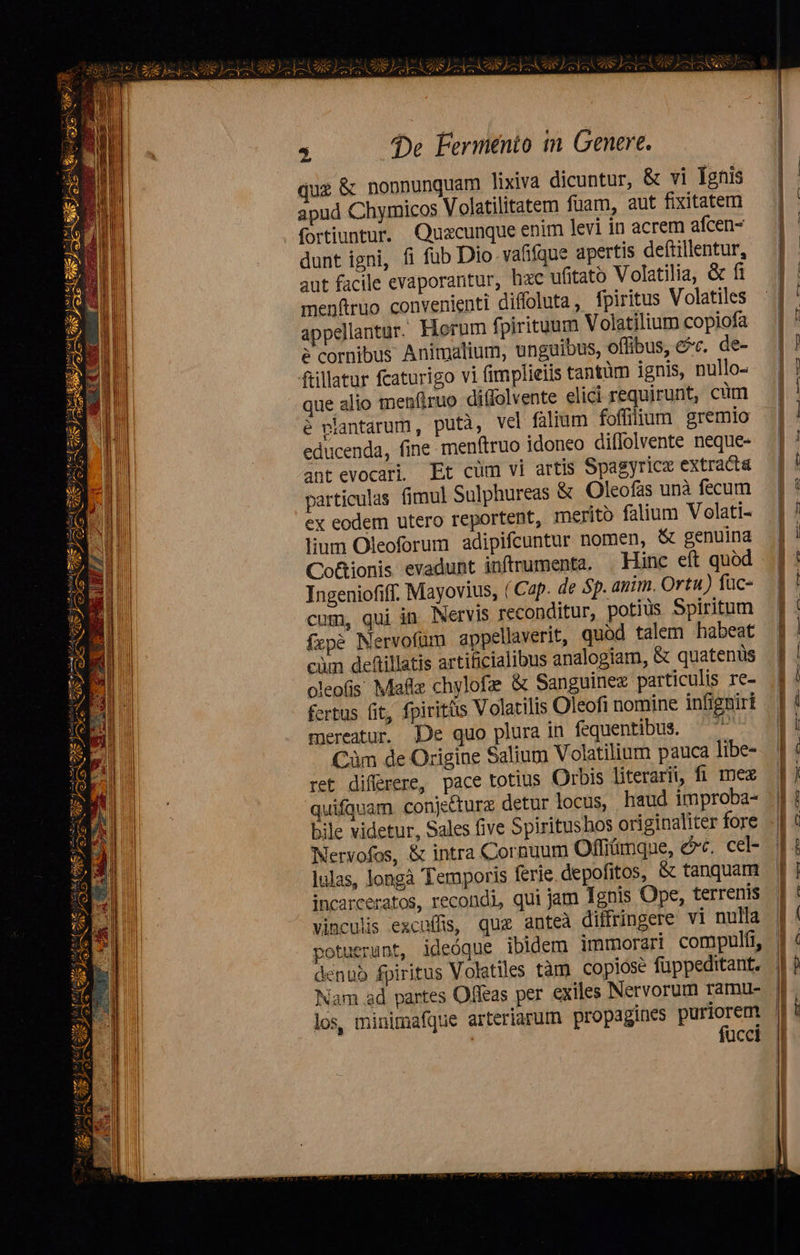 EXE Rig E ]2* DC SEEN                              Zl Mit 2E T JLEY ey NA 5 4e Ferménto in Genere. ig &amp; nonnunquam lixiva dicuntur, &amp; vi Tgnis apud Chymicos V olatilitatem fuam, aut fixitatem fortiuntur, Quaxcunque enim levi in acrem afcen- dunt igni, fi fub Dio vafiíque apertis deftillentur, aut facile evaporantur, hac ufitato Volatilia, &amp; fi menftruo convenienti diffoluta, fpiritus Volatiles appellantur. Horum fj pirituum Volatilium copiofa à cornibus Animalium, unguibus, offibus, c. de- ftillatur fcaturigo vi (implieiis tantüm ignis, nullo- que alio menfiruo ditlolvente elici requirunt, cüm é plantarum, putà, vel falium foffilium gremio educenda, fine menftruo idoneo diflolvente neque- antevocari. Et cüm vi artis Spagyricz extracta particulas fimul Sulphureas &amp; Oleofas unà fecum ex eodem utero reportent, merito falium Volati- lium Oleoforum adipifcuntur nomen, &amp; genuina Cot&amp;ionis evadunt inftrumenta. , Hinc eft quod Ingeniofiff. Mayovius, ( Cap. de Sp. auim. Ortu) füc- cum, qui in. Nervis reconditur, potius Spiritum fzpe Mervofüm appellaverit, quód talem habeat cim de&amp;illatis artificialibus analogiam, &amp; quatenüs oleofis: Maflz chylofe &amp; Sanguine particulis re- fertus fit, fpiritüs V olatilis Oleofi nomine infignirt mereatur. De quo plura in fequentibus. — 7 Cüm de Origine Salium Volatilium pauca libe- ret diflerere, pace totius Orbis literarii, fi mez quifquam conjecture detur locus, haud improba- bile videtur, Sales five Spiritushos originaliter fore Mervofos, &amp; intra Cornuum Offiümque, ec, cel- lulas, longà Temporis ferie. depofitos, &amp; tanquam incarceratos, recondi, qui jam Ignis Ope, terrenis vinculis excuffis, que anteà diffringere vi nulla potuerunt, ideóque ibidem immorari compulfi, denuo fpiritus Volatiles tàm copiose fuppeditant. Nam ad partes Offeas per exiles Nervorum ramu- los, minimafque arteriarum propagines dr ucci                    — err REOR RÀ E. Da 7 fei —— aS unm DAN   pum Pg £ , —— À KC EP E | E A o M -— EA iras, A pmo Cá aT  -—- Lens C—--A € y deme - CO T IDUEDEPUR E D — hes 2d  - - ume