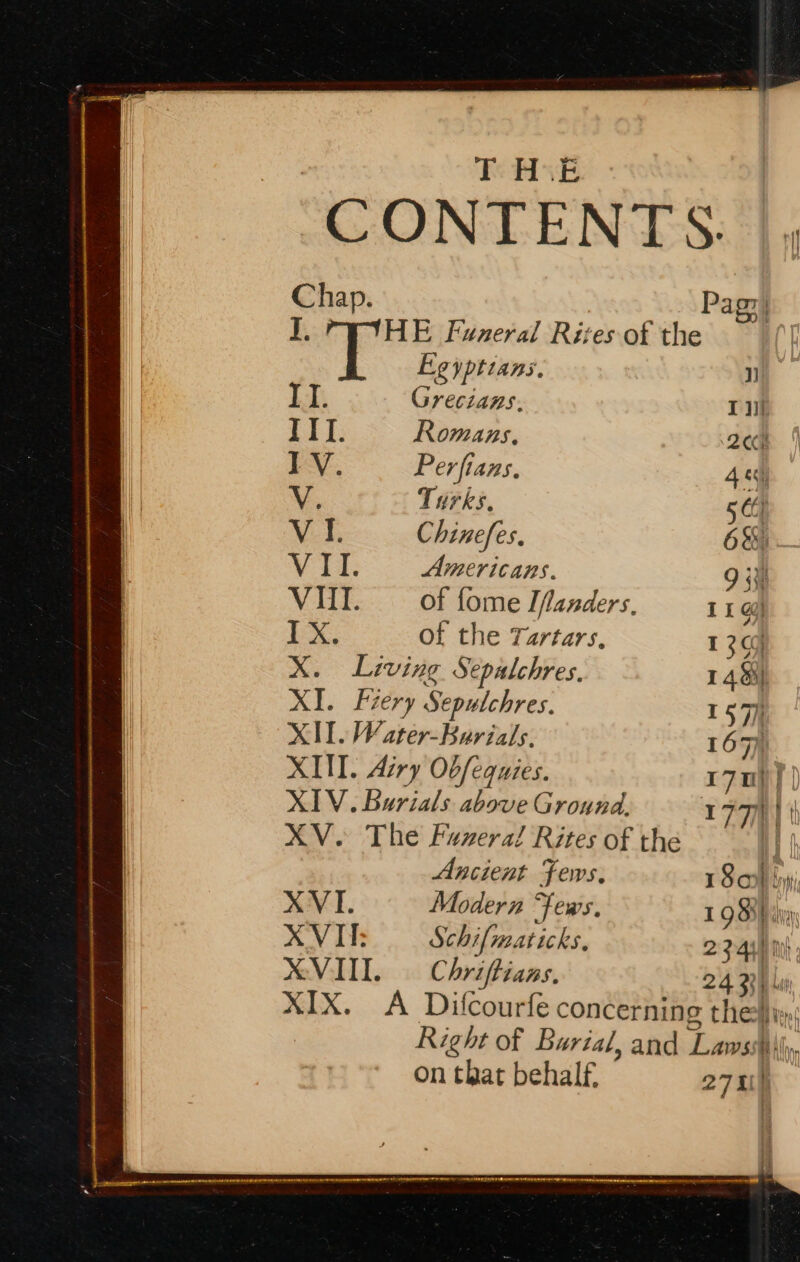 CONTENTS. |, Chap. Pag: J. HE Funeral Rites of the Egyptians. 1) II. Grecians. T1 III. Romans. 260 IV. Perfians. 4 Y, Turks. 5 Cf Vet Chinefes. 6. Vit. Americans. 9; VII. of fome Iflanders, 1 1 IX. of the Tartars. 1 300) X. Living Sepalchres. 148) XI. Fiery Sepulchres. 157} XII. Water-Barials. 167) XII. Airy Obfequies. 170] | XIV. Burials above Ground. 177 : | XV. The Funeral Rites of the Hy | Ancient Fews, 18h XVI. Modern ‘Jews. 198 X VIT: Schifin aticks, 2 34 l XVIII. Chriftians. 243] 4! XIX. A Difcourfe concerning theirs; Right of Burial, and Lawssh on that behalf. 271