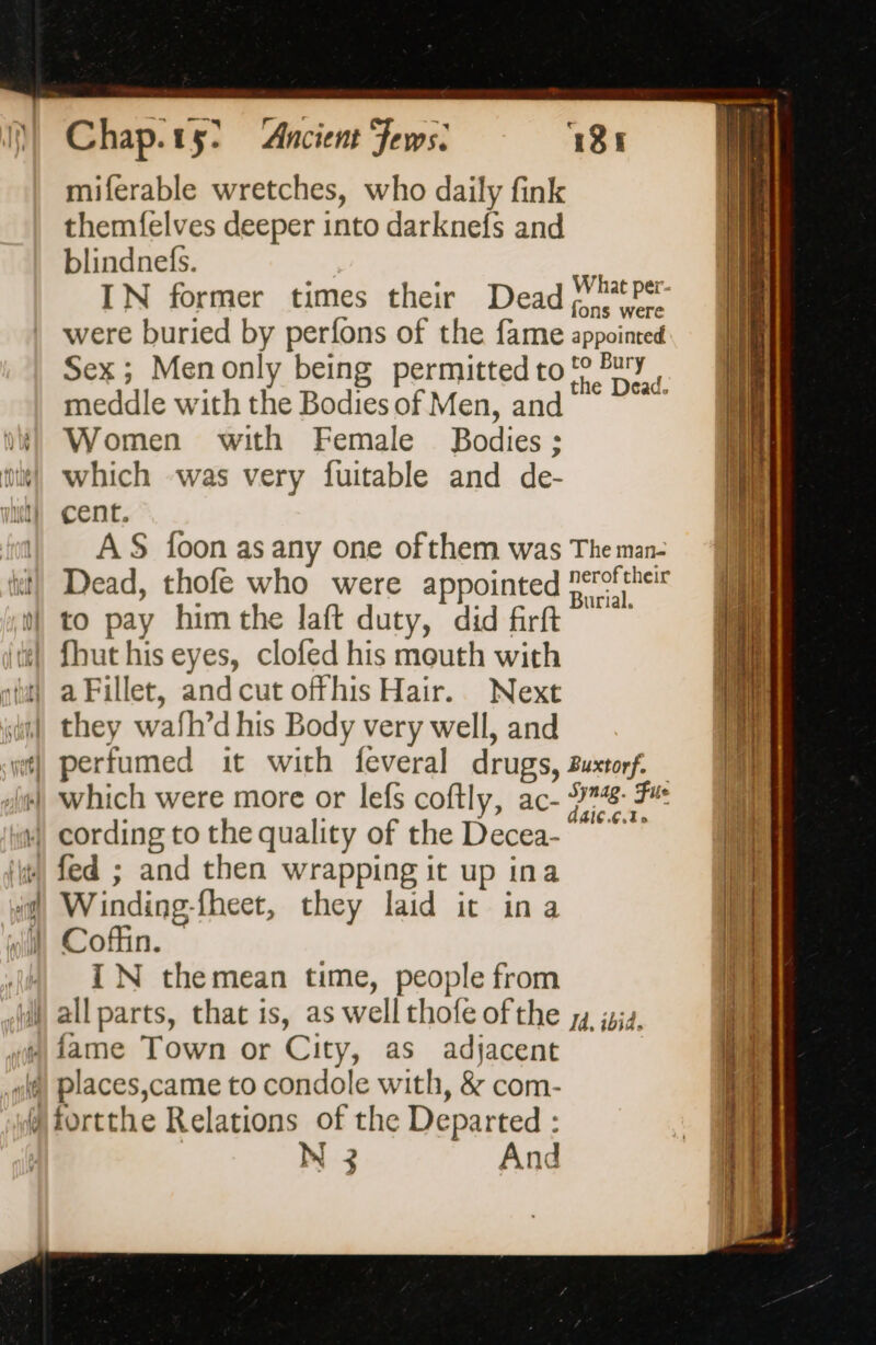 miferable wretches, who daily fink themfelves deeper into darknefs and blindnefs. ; IN former times their Dead (ye were buried by perfons of the fame appointed Sex; Men only being permitted tot? Puy, meddle with the Bodies of Men, and : Women with Female Bodies : which was very fuitable and de- cent. AS foon as any one of them was The man- Dead, thofe who were appointed Perel ter to pay himthe laft duty, did firft ~ fhut his eyes, clofed his mouth with a Fillet, and cut ofthis Hair. Next they wafh’d his Body very well, and perfumed it with feveral drugs, guxtorf. which were more or lefs coftly, ac- Sraeg. Fas IN themean time, people from places,came to condole with, &amp; com- fortthe Relations of the Departed : N 3 And