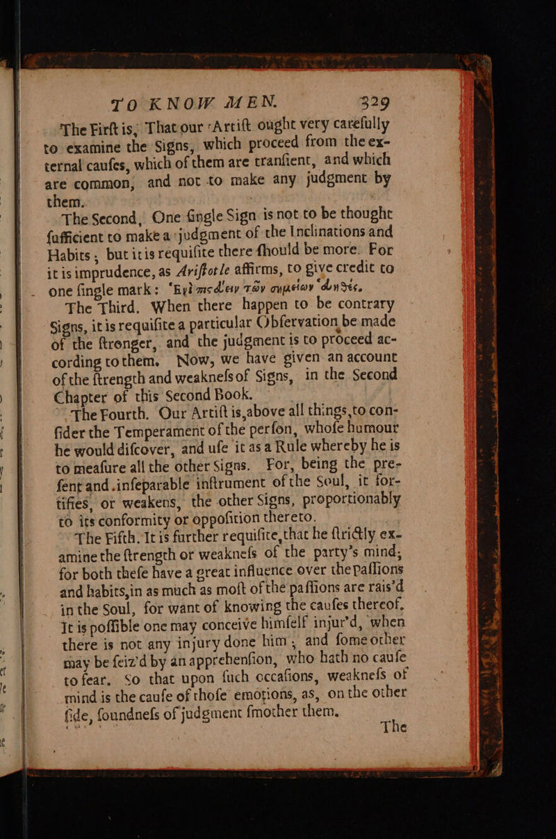 TO KNOW MEN. 329 The Firftis; Thatour :Artit ought very carefully to examine the Signs, which proceed from the ex- ternal caufes, which of them are tranfient, and which are common, and not to make any judgment by them. The Second, One ingle Sign isnot to be thought {afficient to make a judgment of the Inclinations and Habits; but iris requifite there fhould be more. For of the ftrength and weaknefsof Signs, in the Second Chapter of this Second Book. | The Fourth. Our Artift is above all things,to con- der the Temperament of the perfon, whofe humour he would difcover, and ufe it asa Rule whereby he is to meafure all the other Signs. For, being the pre- fent and .infeparable inftrument of the Seul, it for- tifies, or weakens, the other Signs, proportionably to its conformity or oppofition thereto. The Fifth. It is further requifite,thact he ftridly ex- amine the ftrength or weaknefs of the party’s mind, for both thefe have a great influence over the paflions and habits,in as much as moft of the paffions are rais’d inthe Soul, for want of knowing the caufes thereof, It is poffible one may conceive himfelf injur’d, when there is not any injury done him, and fome other may be feiz'd by anapprehenfion, who hath no caufe tofear. So that upon fuch cccafions, weaknefs of mind is the caufe of thofe emozions, as, on the other fide, foundnefs of judgment fmother them. : Lees The