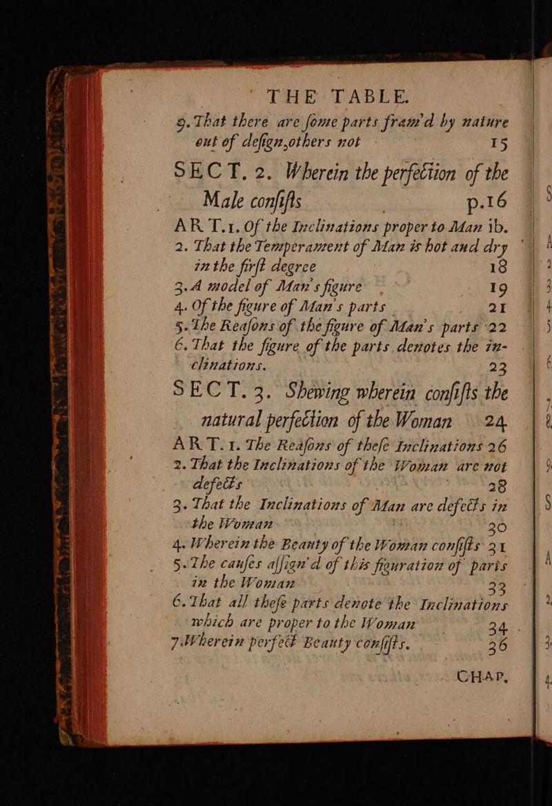  i TTL EP LN - vat nie - : ya » a * - neste aimee MED wie a OF Ge y E iY ad et ghee x j THE TABLE. | 9. That there are forme parts fram'd by nature out of defign,others not 15 SECT. 2. Wherein the perfection of the Male confifts p.16 AR T.1. Of the Inclinations proper to Man ib. 2. That the Temperament of Alan is hot avd dry 72 the firft degree 18 3.4 model of Man's figure | 19 4. Of the figure of Man's parts 21 5. The Reafons of the figure of Man’ s parts 22 €. That the figure of the parts. denotes the in- clinations. . a2 SECT. 3. Shewing wherein confifis the natural perfection of the Woman 24, ART. 1. The Reafons of thefe Inclinations 26 defects | : 28 3. That the Inclinations of Man are defects in the Woman 20 Wherein the Beauty of the Woman confifts 31 - The caufes affign'd of this freuration of paris in the Woman 3 22 That all thefe parts denote the Inclinations 7. Wherein perfect Beauty conffts, — 36 CHAP,                   we FF OD) BOD OS I> 