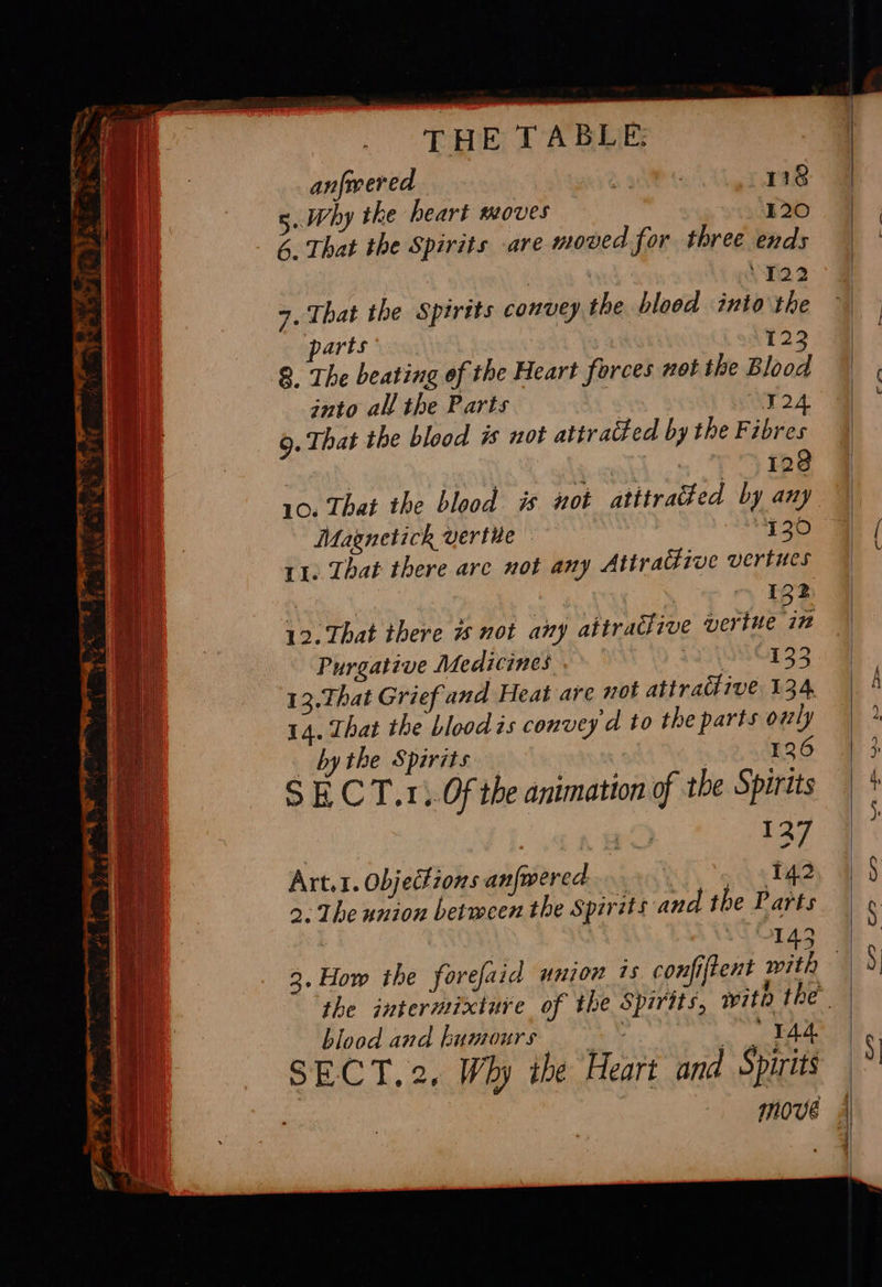   - Sm, ~~ oe a ‘ x, ® * * Ne BY ser A ae = -~ + ae ee ef pe ® ie z ma jes Ogg ey’ THE TABLE: anfmered a 18 Why the heart soves 120 6. That the Spirits -are moved for three ends | OG 22 7. That the Spirits convey the blood into the parts 122 8. The beating of the Heart forces not the Blood into all the Parts “724 9. That the blood ws not attracted by the Fibres hse abl cp Pee 10. That the blood is uot atttraded by any Magnetick vertie 130 11. That there arc not any AttraGive vertues | | | 132 12. That there # not any attraclive nertue i” Purgative Medicines 3 133 13.That Grief and Heat are not attrahive 134 14. That the bloodis convey d to the parts owly _ bythe Spirits 126 SE CT.11.0f the animation of the Spirits re 137 Art.1. objections anfwered 142 2. The union between the Spirits and the Parts 3. How the forefaid union 1s confifient with blood and lumours Poi 27.9 SECT. 2. Why the Heart and Spirits                  crt