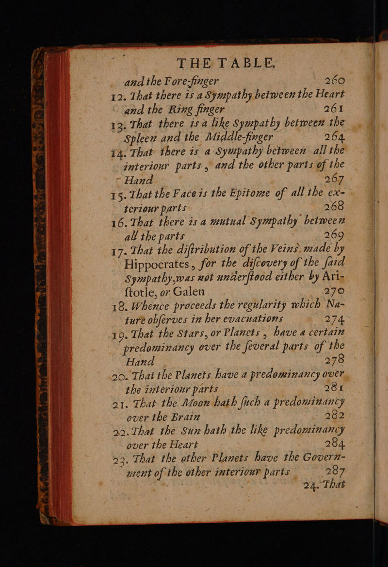               set THE TABLE, and the F ore-finger 260 12. That there 1s a Sympathy between the Heart and the Ring finger 261 13. That there is 4 like Sympathy between the Spleen and the Middle-finger 264 14. That there is a Syupathy between all the interiour parts, and the other parts of the Hand 267 15. That the Faceis the Epitome of all the ex- teriour parts 268 16. That there is a mutual Sympathy between all the parts 269 17. That the diftribution of the Veins. made by Hippocrates, for the difcovery of the fad Sympathy,was not underftood erther by Ari- ftotle, or Galen 270 18. Whence proceeds the regularity which Na- iure obferves in her evacuations 274 19. That the Stars, or Planets , have 4 certain predominancy over the feveral parts of the Hand 278 20. That the Planets have a predominancy over the interiour parts 281 ay. That the Moon hath fuch a predominancy over the Brain 282 22. That the Sux hath the like predominancy over the Heart 284 22. That the other Planets have the Govern- gent of the other imteriour parts 287 24. That    