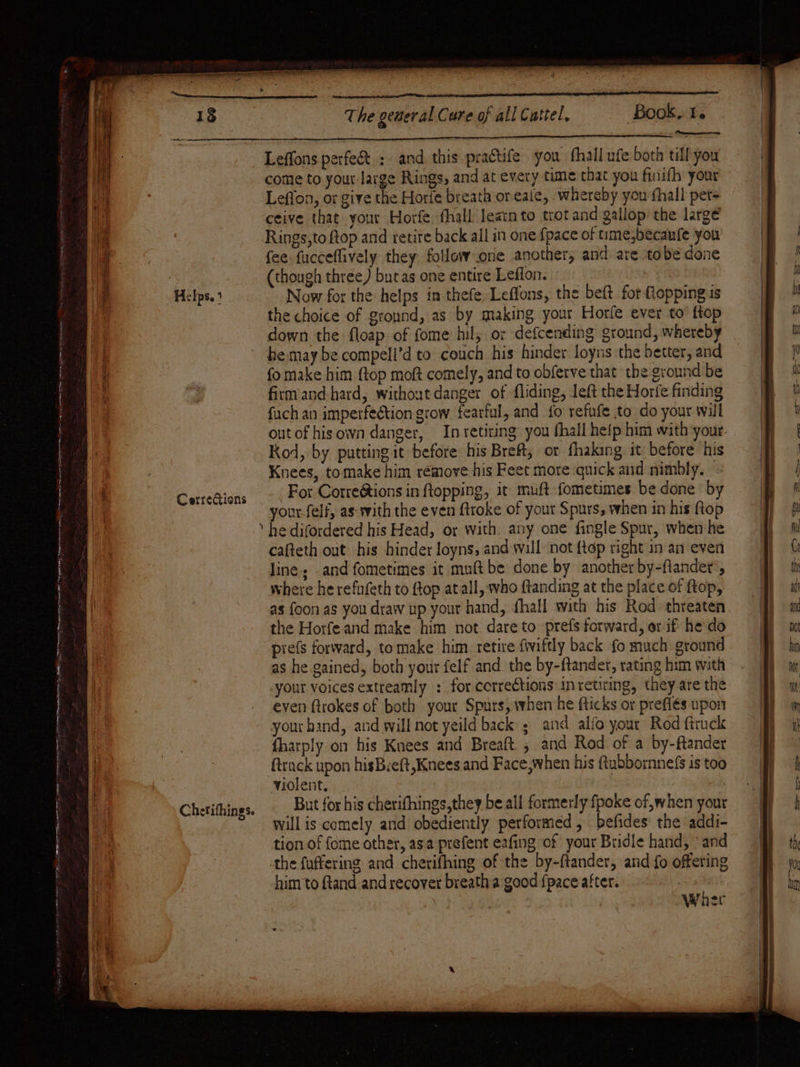 Sie) SS pe ern eer PN ne ee * Sa se renege 6 me ma ge aye mc wes 18 The geweral Cure of all Cattel, ‘Book. 1. emia! Leffons perfect: and. this practife you fhall ufe both tll you come to yout-large Rings, and at every tume that you finith your Lefton, or give the Horie breath oreaie, .whereby you fhall pet= ceive that your Horfe hall leatnto trotand gallop: the large Rings,to Rop and retire back all in one {pace of tme,becaufe you fee fucceflively they follow one another, and are tobe done (though three) butas one entire Leflon. Now for the helps in thefe, Leffons, the beft for flopping is the choice of ground, as by making your Horle ever to ftop down the floap.of fome hil; or defcending ground, whereby ~ bemay be compell’d to couch his hinder loyns the better, and fomake him {top moft comely, and to obferve that the ground be firmand-hard, without danger of fliding, left the Horfe finding fach an imperfection grow fearful, and fo refufe to do your will out of hisown danger, In retiring: you fhall hefp him with your. Kod, by putting it before his Breft; or fhaking it before his Knees, tomake him remove his Feet more quick and nimbly. For Correstions in topping, it muft fometimes be done by your felf, as-with the even ftroke of yout Spurs, when in his ftop .’ he difordered his Head, or with any one fingle Spur, when he cafteth out his hinder loyns, and wall not {top right in an even line, -and fometimes it muft be done by anotherby-ftander’, where he refufeth to top atall, who ftanding at the place of ftop, as foon as you draw up your hand, fhall with his Rod threaten the Horfe and make him not dare to prefs forward, or if he'do prefs forward, tomake him. retire fwwiftly back fo much ground as he gained, both your felf and the by-ftandet, rating him with your voices extreamly : for corrections inretiring, they are the even ftrokes of both your Spurs, when he flicks or prefi¢s upon your hand, and will not yeild back; and alfo your Rod ftruck fharply on his Knees and Breaft.; and Rod of a by-ftander ftrack upon hisByeft, Knees and Face, when his ftabbornnefs is too violent. But for his cherifhings,they be all formerly fpoke of, when your will is-comely and obediently performed , . befides the addi- tion of fome other, asa prefent eafing of your Bridle hand, © and the fuffering and cherifhing of the by-ftander, and fo offering him to ftand and recover breath a good {pace after. ) ‘3 | Waser Helps. 4 CerreCions Chetithings.