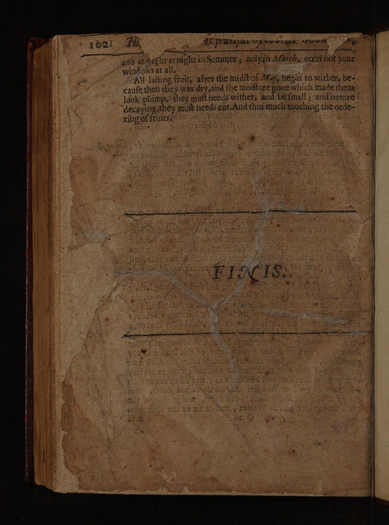 — mene mene AS Pk Wrpten CUR KASS, ages ae aiid at eeght at might in Summer ;. palygo March, opennot your ° culeoWvat ale Meee SES eee All lating fruit; afcer the midftof Atay, begin to wither, bes caufe then they: wax dry,and the moifture gone which made then ldok plump, they muft needs wither, ‘and:befmall ; -and:natare : xing of fruits,” “ aes Vs