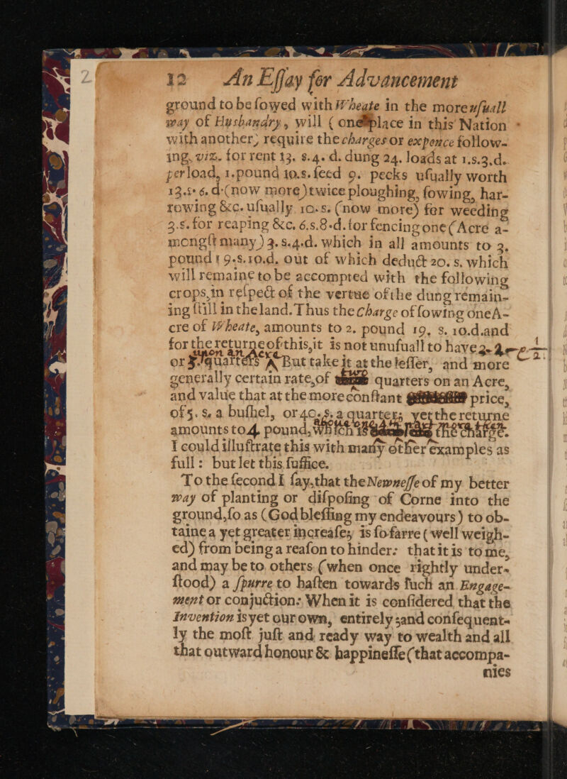 a A, nT ae Ba gh 12 ©An Effay for Advancement sround to be fowed with Wheute in the more ufuall way Of Husbandry, will ( on@™place in this’ Nation with another, require the charges or expence follow- ing, viz. for rent 13, ¢.4.d. dung 24. loads at 1.5.3.d. perload, 1.pound to.s. feed 9. pecks ufually worth 13.5°6.d:(nOW more )twice ploughing, fowing, har- rowing &amp;c. ufually 10.s. (now more) fer weeding 3.§.for reaping &amp;c, 6.s.8-d. for fencingone (Acre a- mong{t many )3.s.4.d. which ia all amounts to 2. pound 19.s.10.d, out of which dedué@ 20. s, which willremaine to be accompred with the following crops,in reipect of the vertue ofthe dung rémain- ing {till in theland. Thus the charge of fowing oneA- cre of Wheate, amounts to 2. pound 19, s.10.d.and for the refurne ofthis,it is not unufuall to have3. aces or F./quarters A But take Jt at the lefier, and more generally certain rate,of setae quarters on an Acre, and value that atthe moreconftant Qa price, ofs.s.a bufhel, or4o.s.a quarter; yerthe returne amounts to4. pound, which t Rag Techie. I could lluftrate this with marly other examples as full: but let this fuffice. To the fecond f fay,that the Newneffe of my. better way of planting or difpofing of Corne into the ground,fo as (God bleffiag my endeavours) to ob- tainea yet greater increafey is fofarre (well weigh- ed) from beinga reafon to hinder: thatit isto me, and may. be to, others.(when once rightly under- ftood) a /purre to haften towards fuch an. Exgace- ment or conjuction: When it is confidered that the Invention tsyet ourown, entirely sand confequent- ly the moft. juft and ready way to wealth and all that outward honour &amp; happineffe(that accompa~ mies