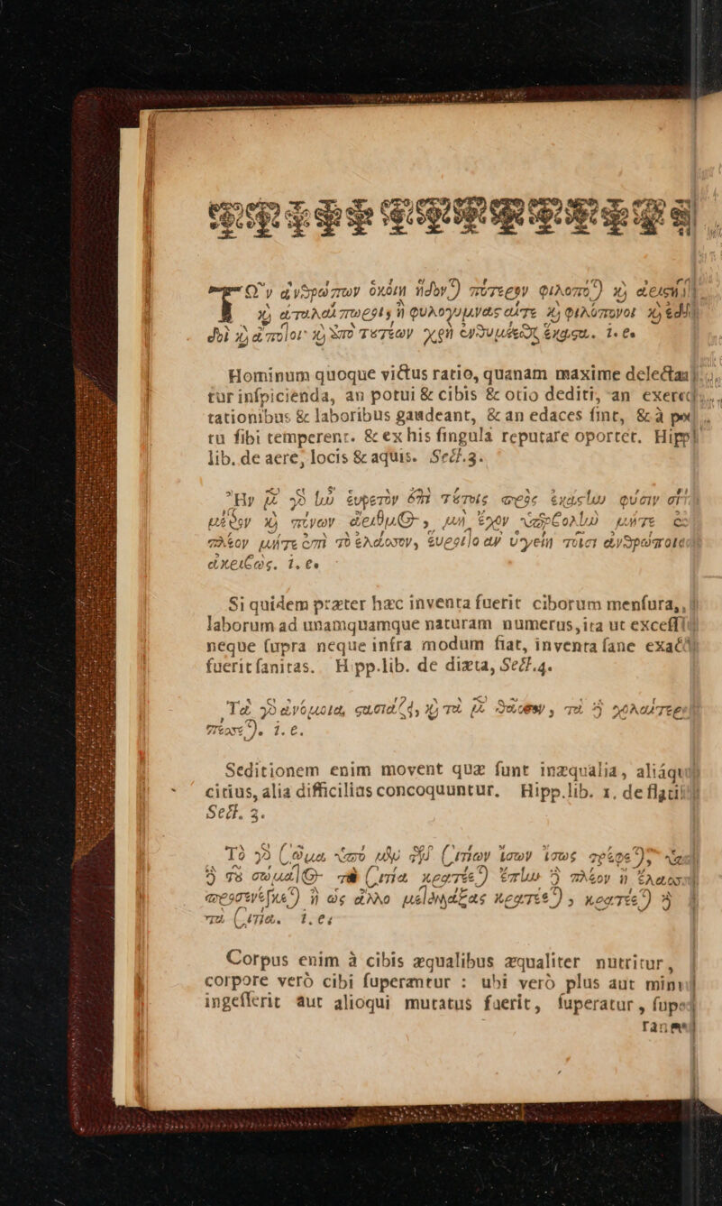 PUESSRESgQ. Q y d VSpo UY óxáu ildbv.-) TUTEER QiAo7..) xj de4en | x dud Tw9ls P QUAD VUL Vets a4Tt 4; QA 07ToVOL di dii i d mul jor x) m TETÉAY 94. CJ JU Le &amp;eeJC € eXd.eu.. 1« £e Hominum quoque victus ratio, quanam maxime delectaz].;,, tur infpicienda, an potui &amp; cibis &amp; otio dediti, an exerted, tationibus &amp; laboribus gaudeant, &amp; an edaces fit, &amp; à pe tu fibi temperenr. &amp; ex his fingula reputare oportet. Hipp] lib. de aere, locis &amp; aquis. Se]. 3. Hy E 951 bo SUpe TOY é31 TÉTW£ quee iX elu quem arr pies X) VOY &amp;eibuQ , UM EV QUU Col L0 uWTe C mA oy Tt Cm dO &amp;ACLOXV, Modi odJ U*yelu qUlci ey Spogrotc exeiCas : A £o / Si quidem prater hzc inventa fuerit. ciborum menfura, | laborum ad unamquamque naturam numerus,ira ut exceffi neque (upra neque infra modum fiat, inventa fane exaci fueritfanitas. H pp.lib. de dizta, Sec.4 X 1 e * / 1? qa ax  :  A Pe , lz 29 &amp;VoU01d, ga. cia CE d Tu E 20, 088) . Tq ^) A0 ^A 7t£ editionem enim movent quz funt inzqualia, ali iáqi s, alia difficilias concoquuntur, — Hipp.lib. x. de flgdi T 3t ua VU [2 ed. Cirio à L7toy 10t4 2 o6 ge), N. - iud] 78 Cia, xe) Y tmu. 5 mA&amp;oy n LA mesmo fus) i) 0 Qe e ANO uelamdEas Xe Tis) ; keaTés ^ ATI&amp;. TIT c c Corpus enim à cibis zqualibus equaliter nutritur , corpore veró cibi fuperantur : ubi vero plus aut mimi ingeflerit aut alioqui mutatus faerit, fuperatur , fupe] ran ej