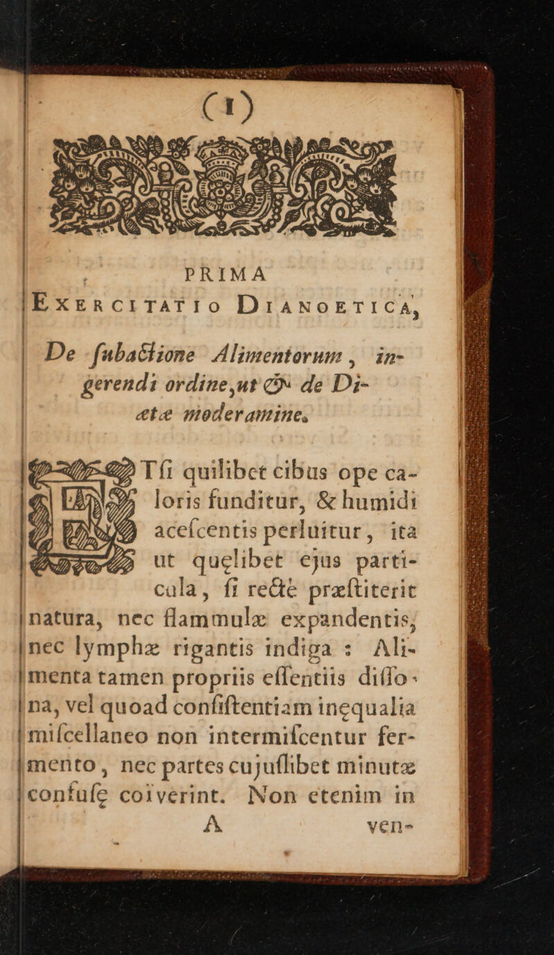 PRIMA |ExEgRcriTATIO DriANOETICA ! P] De -fubaciione Alimentorum ,. in- gerendi ordine ,ut Qv de Di- etie moderamine, 2? T1 quilibet cibus ope ca- 34 loris funditur, &amp; humidi aceícentis perluitur, ita ut quelibet ejas parti- | cala, fi recte przítiteric |natura, nec flammulz expandentis; |nec lymphz rigantis indiga : Ali- | menta tamen propriis effentiis difIo- | na, vel quoad confiftentiam inequalia |miícellaneo non intermifcentur fer- |mento, nec partes cujuflibet minuta |confufe coiverint. Non etenim in A vens