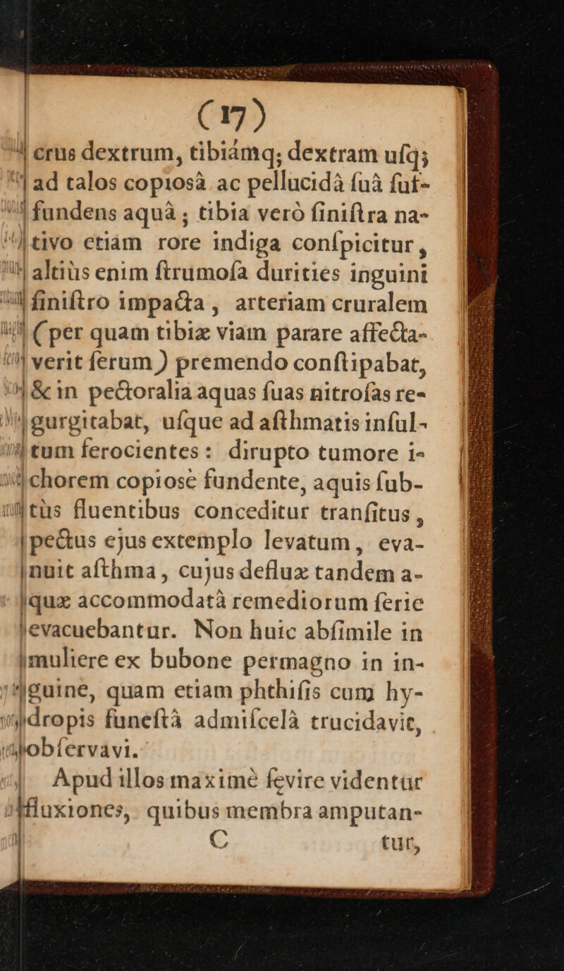 | crus dextrum, tibiámq; dextram ufq; '| ad talos cop10sà. ac pellucidà fuà fut- 4 fundens aquà ; tibia veró finiflra na- !Jtivo etiam rore indiga confpicitur, I4 altius enim ftrumofa durities inguini Wfiniftro impacta , arteriam cruralem ii! Cper quam tibiz viam parare affecta- '!! verit ferum ) premendo conftipabat, 4 &amp; in pedoralia aquas fuas nitrofas re- M gurgitabat, ufque ad afthmatis inful- tum ferocientes: dirupto tumore i- 3iàichorem copiose fundente, aquis fub- nitüs fluentibus conceditur tranfitus , | pe&amp;us ejus extemplo levatum, eva- nuit afthma , cujus deflux tandem a- : qux accommodatà remediorum ferie Jevacuebantur. Non huic abfimile in jmuliere ex bubone permagno in in- 'guine, quam etiam phthifis cum hy- vydropis funeftà admifcelà trucidavit, vpobíervavi. 4. Apudillos maxime fevire videntar inHfluxiones,. quibus membra amputan- jl C tur,