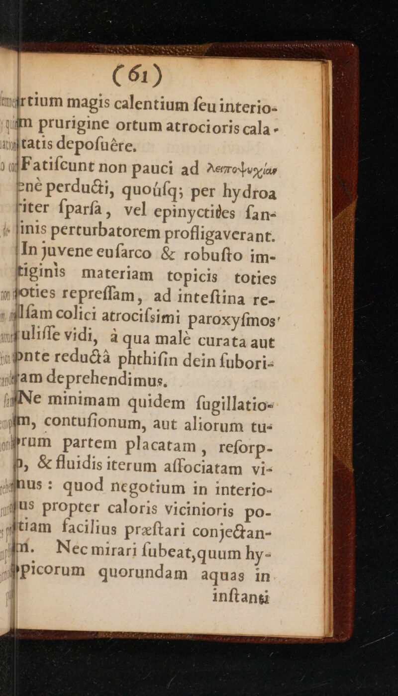 ? j S irtium magis calentium feu interio: ig prurigine ortum atrocioris cala - üftatts depofüére, ojFatifcunt non pauci ad 2^«emoetvyias Pné perdu&amp;i, quoüíq; per hydroa riter Íparía, vel epinyctides fan- ; |ints perturbatorem profligaverant. |In juvene eufarco &amp; robufto im- figinis materiam topicis toties »doties repreffam, ad inteftina re- : M íam colici atrocifsimi paroxyfímos: qpuliffe vidi, à qua malé curata aut iwpnte redu&amp;à phthifin dein fubori- jifam deprehendimus. iglNe minimam quidem fugillatio« Mm, contufionum, aut aliorum tu« yfrum partem placatam , reforp- p, G fluidis iterum affociatam vi- 4jnus : quod negotium in interio- jus propter caloris vicinioris po- itiam facilius praftari conje&amp;an- Ku. Necmirari lubeat,quum hy- d picorum quorundam aquas in | inftanti r ] b |