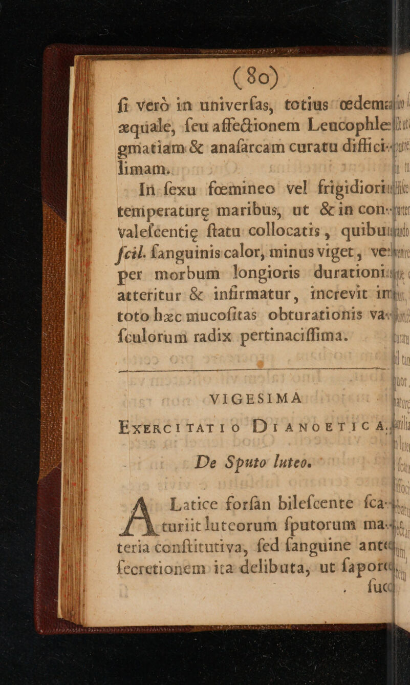 (80) . fi veró 1n univerías, totius: edema zquiale, eu affectionem — hit ematiam &amp; anafarcam curatu diffici-4 limam. | In fexu fosmineo vel — teniperature maribus, ut &amp;in con« valefcentie ftatu collocatis L quibu gut fci languinis calor, minus viget, vel per morbum. longioris boraconéd atteritur &amp; infirmatur, tncrevit imj toto hxc mucofitas obtaratiditis Và: fculorum radix pertinaciffima. VIGESIMA ExeERC! TaAT 10 DraNOETIC AJ De Sputo Iuteo. hi Latice denn bilefcente fca. A turiit luteorum Íputor um Imna:4. teria conftit prin fed fanguine ant. a deli buta. ut laportd, [uc Í CCE etion CI ita