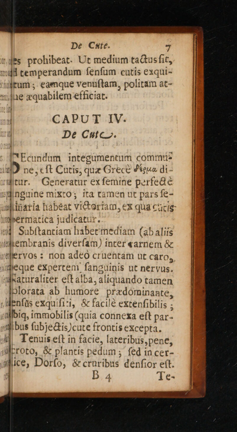 *des prohibeat. Ut medium taQusfit, 14i temperandum fenfum cutis exqut- tiifffum ;- eamque venuftam, politam at- «ile zquabilem efficiat. CAPUT IV. De Cstc. P'Ecundum integumentum commtie 32D ne, cft Cutis, que Grece 2teua di- Witur. Generatur ex femine perfedé smnguine miXro; ita tamen ut pars fe- as inatia habeat victoriam, ex qua cacig- Wermatica judicatur. 34 Subftantiam habet mediam (ab alifs ilhembranis diverfam) inter «arnem & jellervos : nion adeo cruentam ut caro, ji mleque expertem fanguinis ut nervus. aj Raturaliter eftalba, aliquando tamen Iolorata ab humore pradominante, ,Wenfüs exquifi-i, & facile extenfibilis ; /allbiq, immobilis (quia connexa eft par- (ili bus fubje&is)cute frontis eXcepta. j| Tenuis eft in facie, lateribus,pene, iMrroto, & plantis pedum ; fed incer- iMice, Dorfo, & cruribus denfior e(t. | D. 4 Te-
