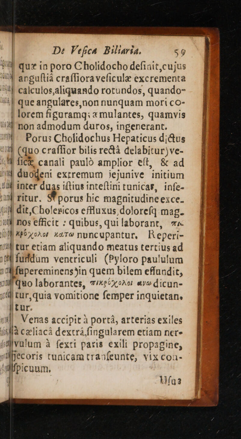 De Vefea. Biliaria. eg 1| qu» in poro C holidocho defiait,cujus I apgufliá craffioraveficula excrementa |f calculos,aliquaRdo rotundos, quando- 44 que angulares,non nunquam mort co- | lorem figuramq: x mulantes, quamvis if non admodum daros, i ingenerant. ^. Porus Chofidochus Hepaticus d;&amp;us lil (quo craffior bilis re&amp;à delabitur)ve- A fic canali paulo amplior eft, &amp; ad ur duodeni extremum jejunive initium |;  inter duas iftius inteftini tunicat, infe- - ritur. Sfporut hic magnitudine exce. ifl dit,Cholericos effluxus dolorefq.mag. fll nos efficit : quibus, quilaborant, 7 Jof pO oA xaT nuncupantur, H eperi- ;'il tur etiam a liquando meatus tertius ad m futdum ventriculi (Pyloro paulutum 2 [fapereminens5in quem bilem effundit, ( sl quo laborantes, 7/x: xo^ «vo dicun- jtf tur, quia vomitione femper inquietan. ütur. i Venas accipit à portá, arterias exiles ifa celiacá dextrá ff fingularem etiam ner. ilh: lum à fexti paris exili propagine, sifecoris tunicam tra»feunte, vix coü- talffp: cuum, ] Ufa